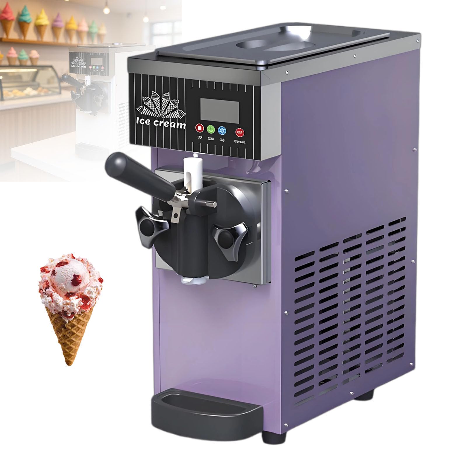 DzkZen Commercial Vertical Soft Serve Ice Cream Maker, 450W Countertop Machine, Produces 4-5kg/H, Ideal for Restaurants and Snack Bars Purple