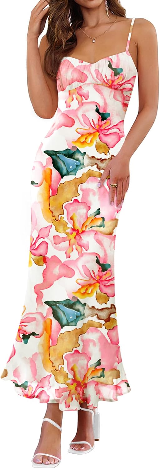 ZESICA Womens Summer Floral Spaghetti Straps Maxi Dress 2026 Sleeveless Square Neck Bodycon Beach Boho Long Dresses