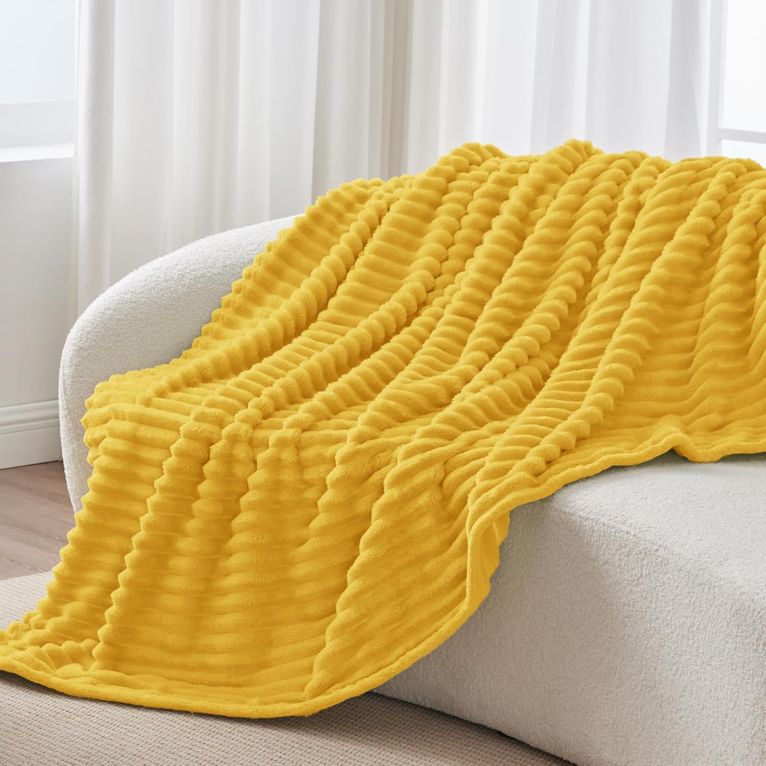 BEDELITE Twin Blanket for Couch & Bed, 300GSM Soft & Warm Fleece Blanket, Decorative and Giftable Striped Light Yellow Blankets for Women, Men, 60"x80" - Image 8