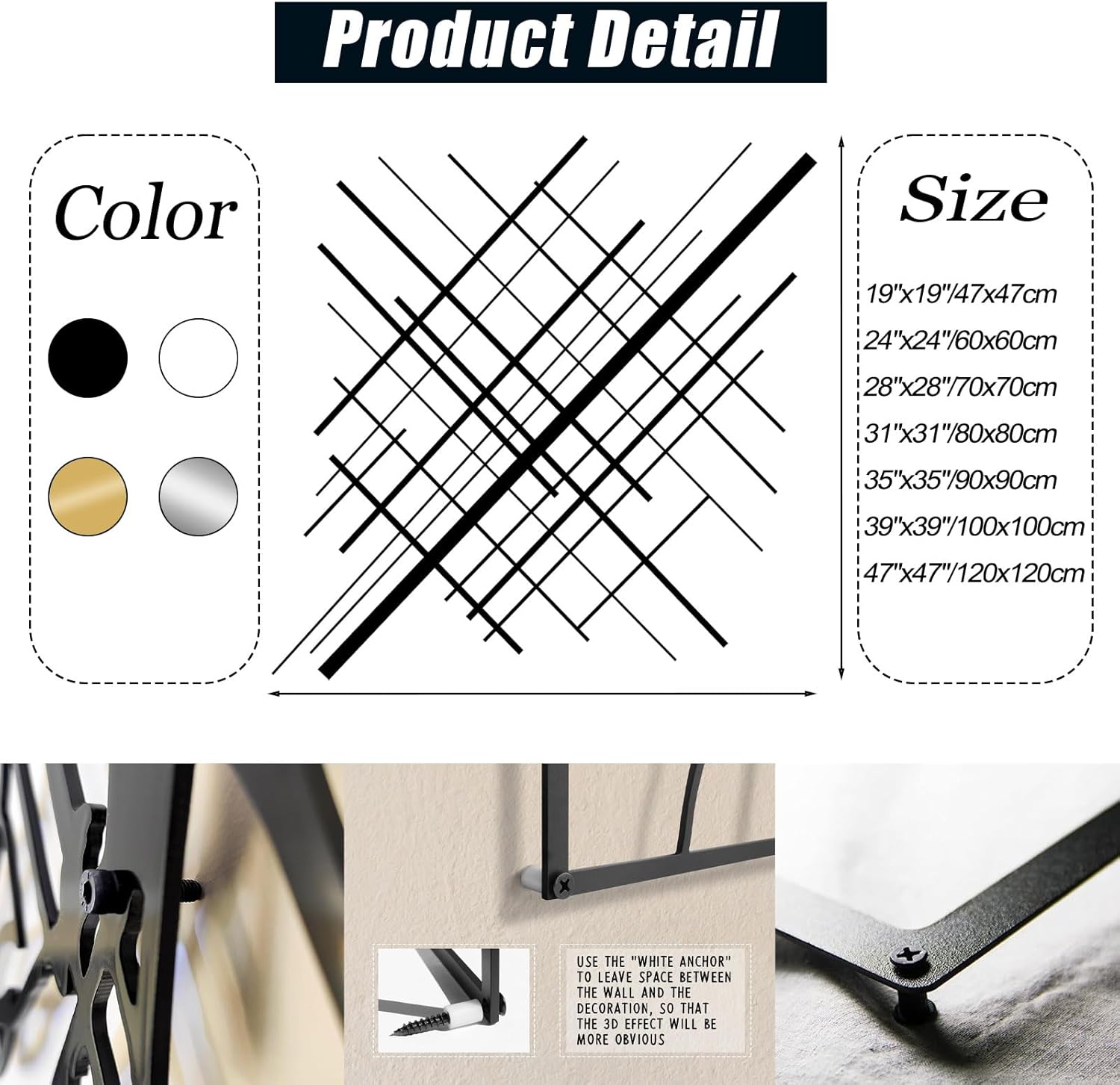 Metal Geometric Overlapping Lines Wall Art, Metal Lines Wall Decor, Minimalist Line Art, Abstract Line Wall Decor, Modern Geometric Decorations for Living Room (Black, 24"x24"/60x60cm)