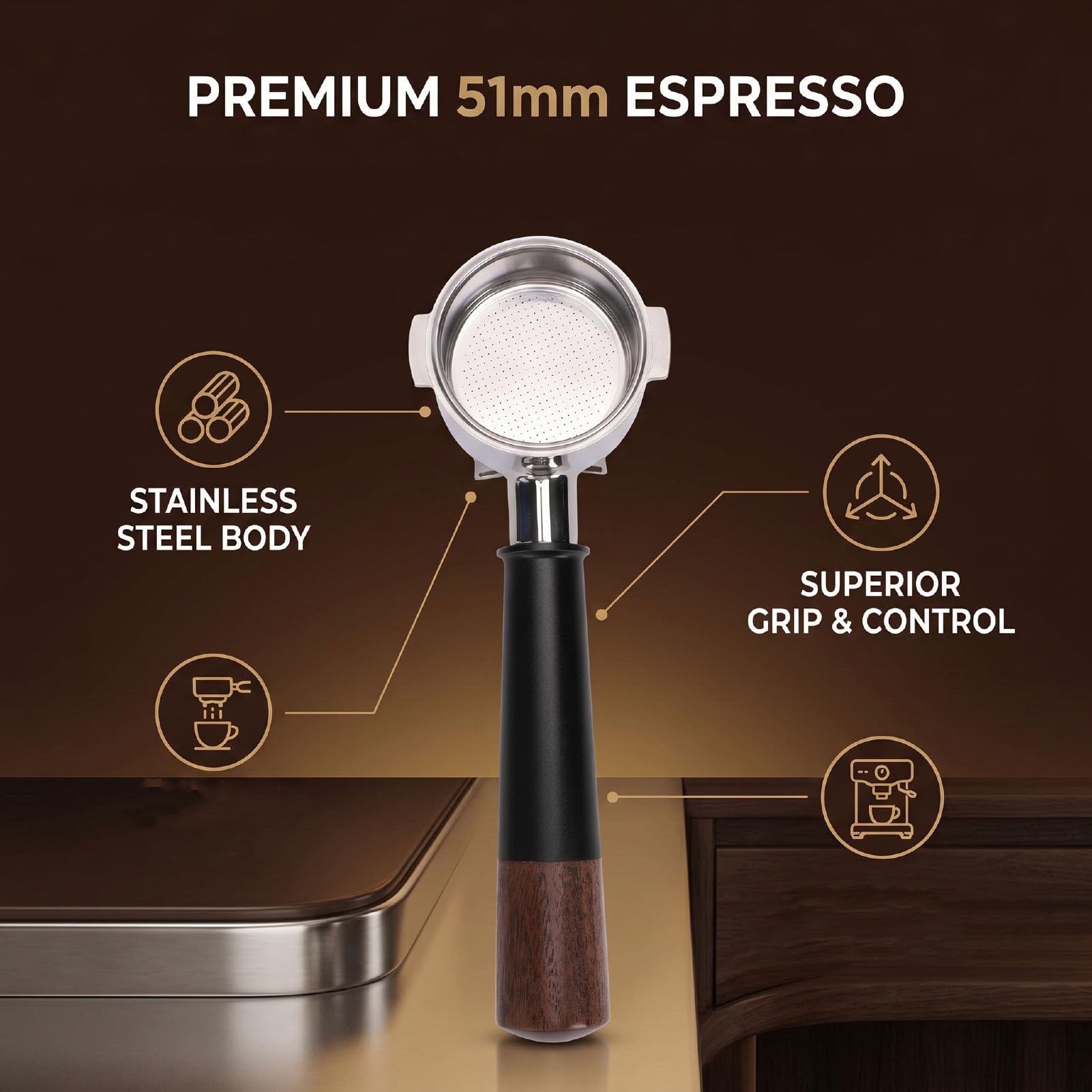 TOPINCN Portafiltro de café de 51mm, Repuesto de Portafiltro de Acero Inoxidable de 2 Orejas (Caño doble con fondo)
