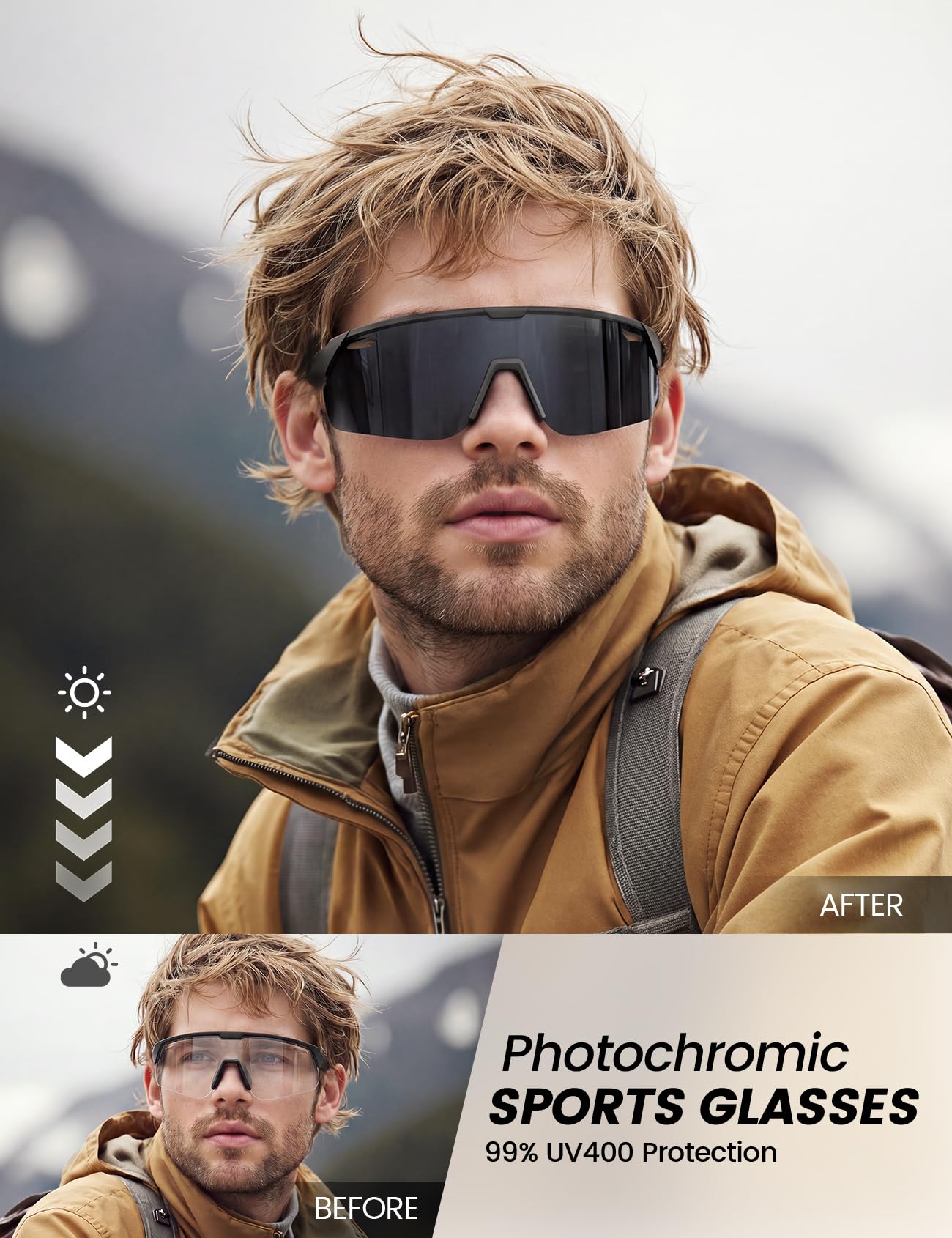 Lamicall Lunettes de Cyclisme Photochromiques, [3S Photochromic] [28g Ultra-Légère-TR90] Protection UV400, Plaquette de Nez Réglable, Lunettes de Soleil de Sport Homme Femme pour Pêche/Sports Outdoor