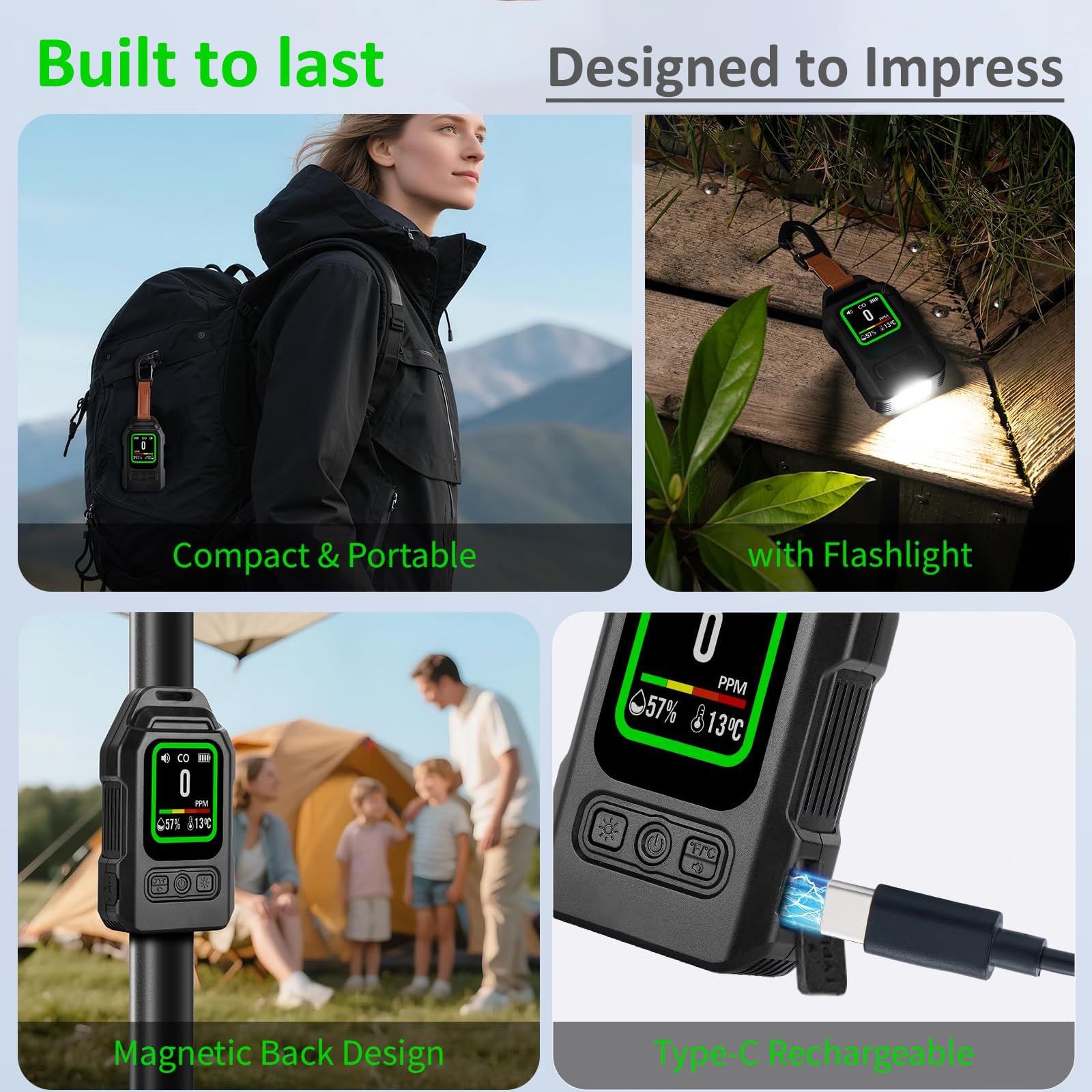 3 in 1 Tragbarer CO Melder mit Temperatur Luftfeuchtigkeit, Kohlenmonoxid Melder mit TFT Bildschirm, Upgrade CO Warner Kohlenmonoxidmelder mit Magnetischer Rückseite