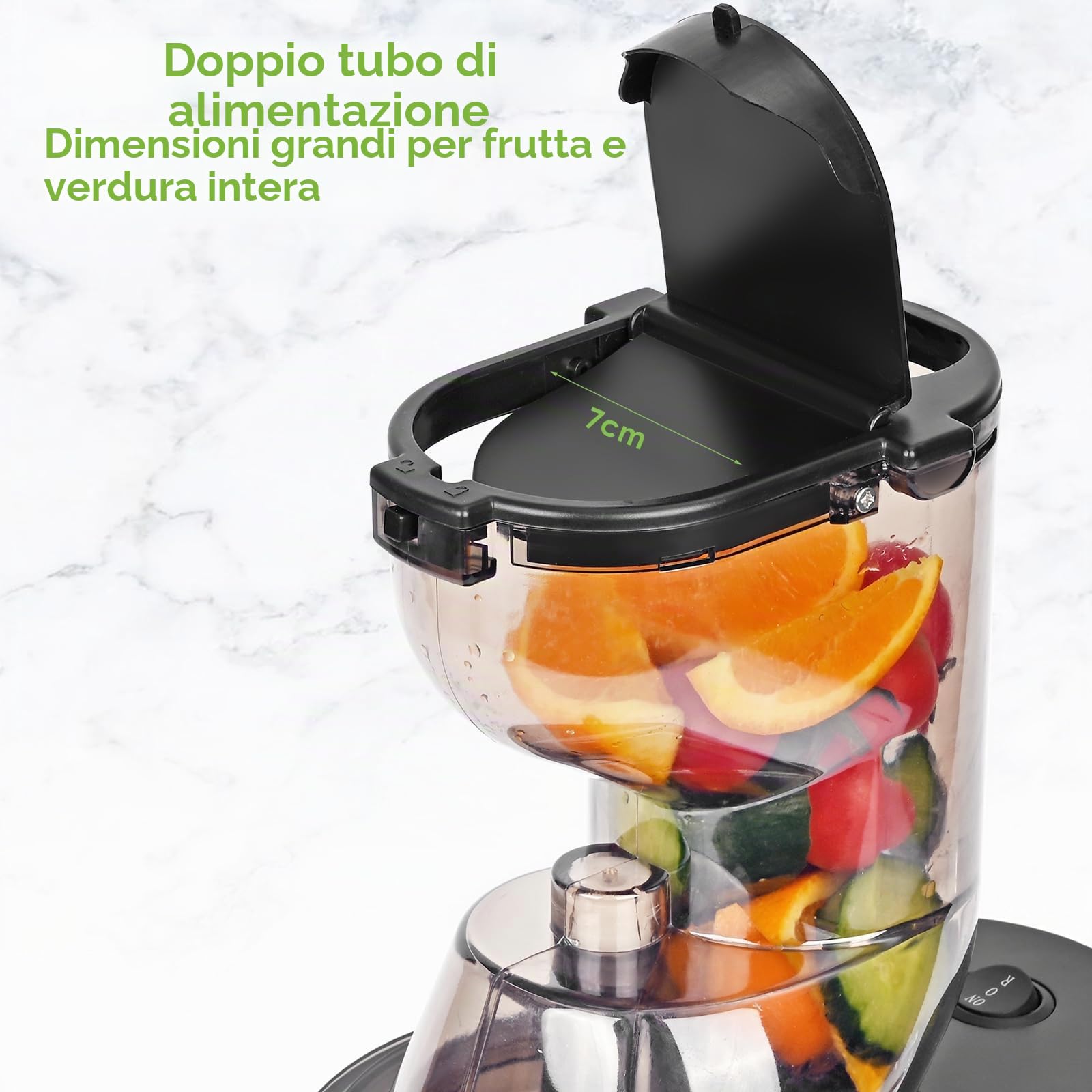 Estrattore frutta e verdura 500W, Rawhui Estrattore per frutta e verdura, spremiagrumi lento da 500 W con doppio tubo di alimentazione, volume di riempimento 1,2 L, 2 bicchieri, nero