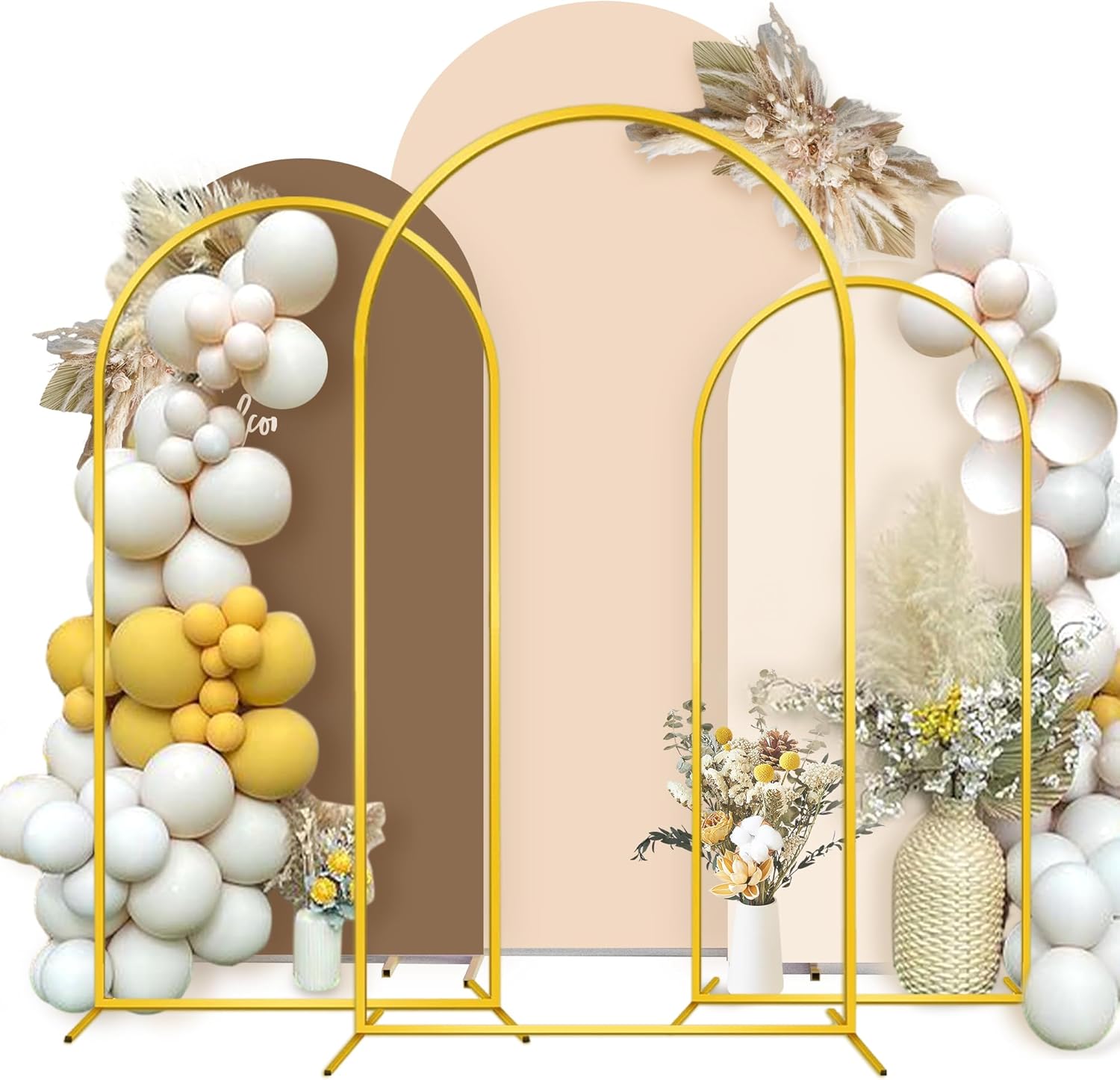 Metal Arch Backdrop Stands with Arch Covers, 4ft,5ft,6ft Gold Wedding Arch Frame Arch Backdrop Stand with Nude Spandex Fitted Arch Backdrop Covers and Banner/Confetti for Wedding Birthday Nude Ensemble