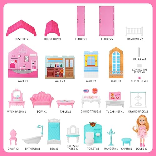 Miniatura 25 de Juego de villa para niñas de 3 a 7 años, juego de interior para niñas de 6 a 8 años con 4 pisos, 11 habitaciones, 2 muñecas, muebles y accesorios