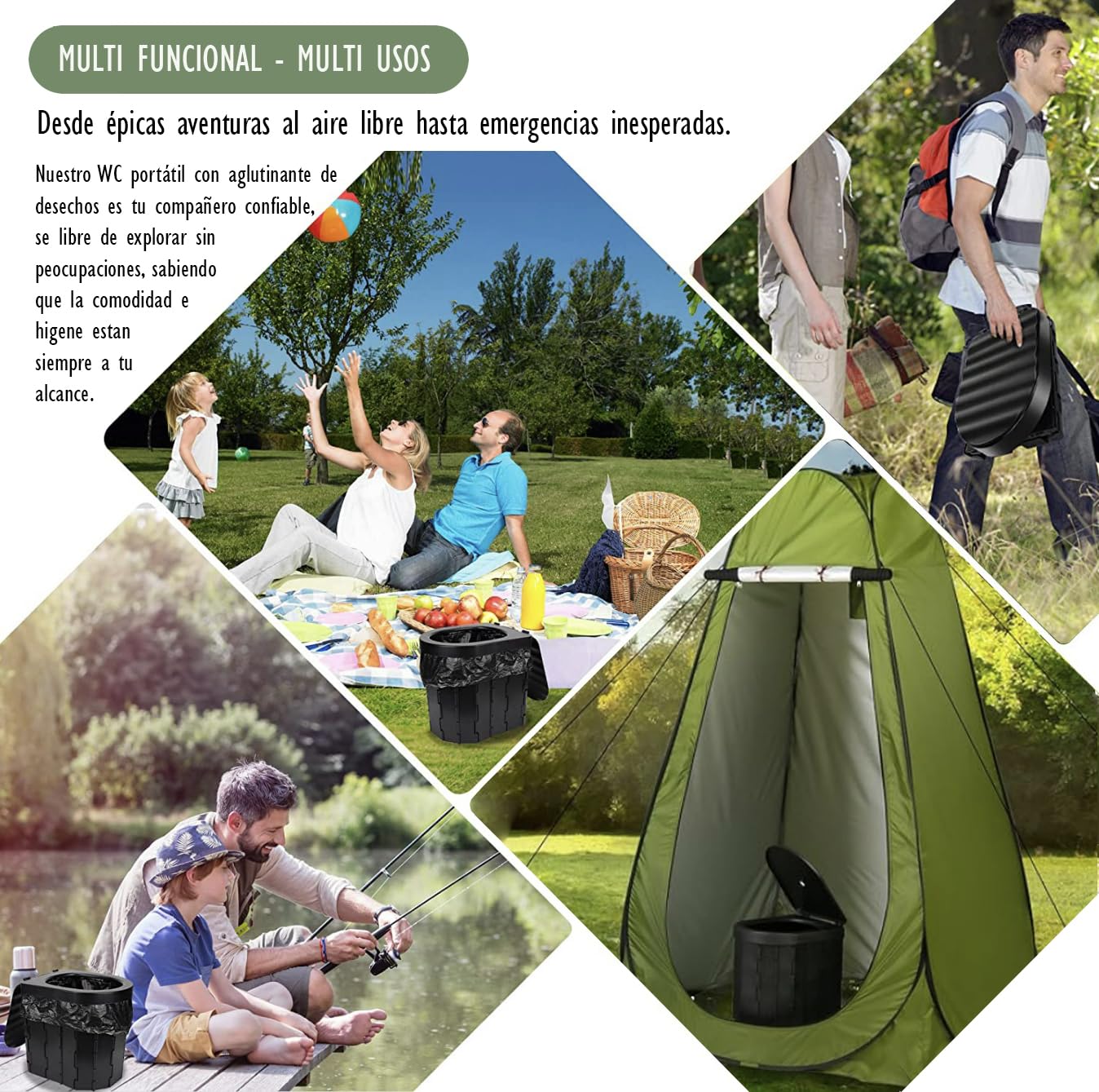 WC Portátil Kit para Adultos y niños. Incluye Tienda Ducha Camping/Cambiador, WC Portátil y Gel Aglutinante Super Absorbente para residuos Ideal para Festivales.