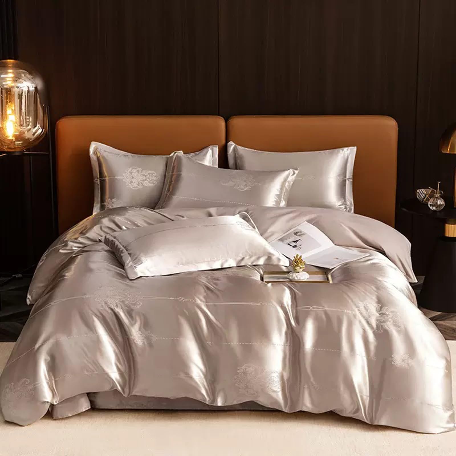E-yimeng King Size Duvet Cover Sets Silk Satin Bedding Sets Premium Brushed Microfiber Duvet Set with 2 Pillowcases Zipper Luxury Super Soft Machine Washable 230x220 cm Champagne