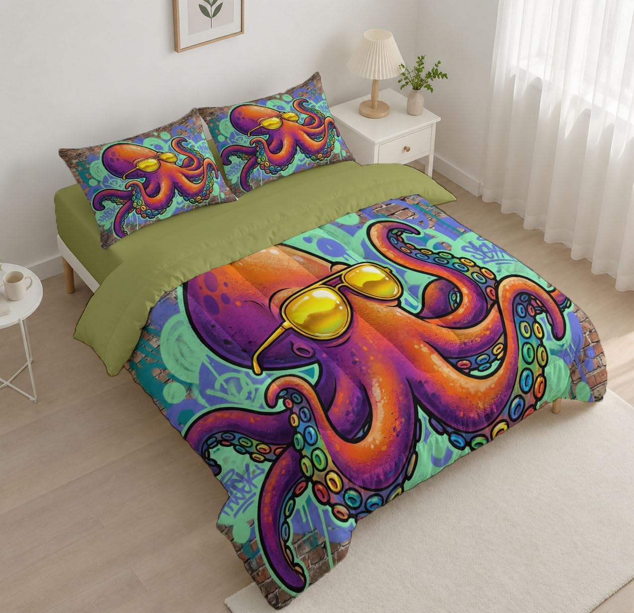 Graffiti Style Comforter Set Twin Size, Octopus Illustration Print Breathable Bedding Set for Girls Boys Teens, Orange-Red Quilt Duvet with 2 Pillow Cases