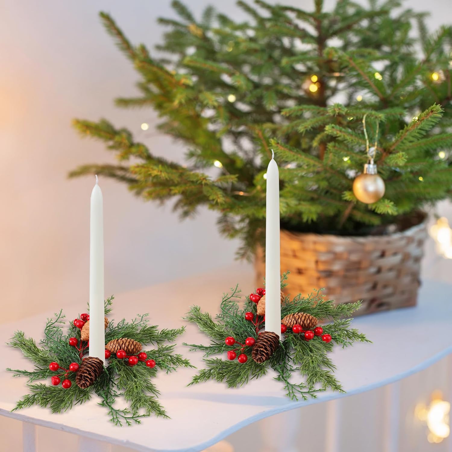 Giegxin 6 Pcs Christmas Taper Candle Rings Wreath with Burgundy Red Berry 1.25" Inner Diameter Mini Artificial Cedar Pine Garland Candle Ring Holder for Christmas Wedding Winter Home Table Centerpiece