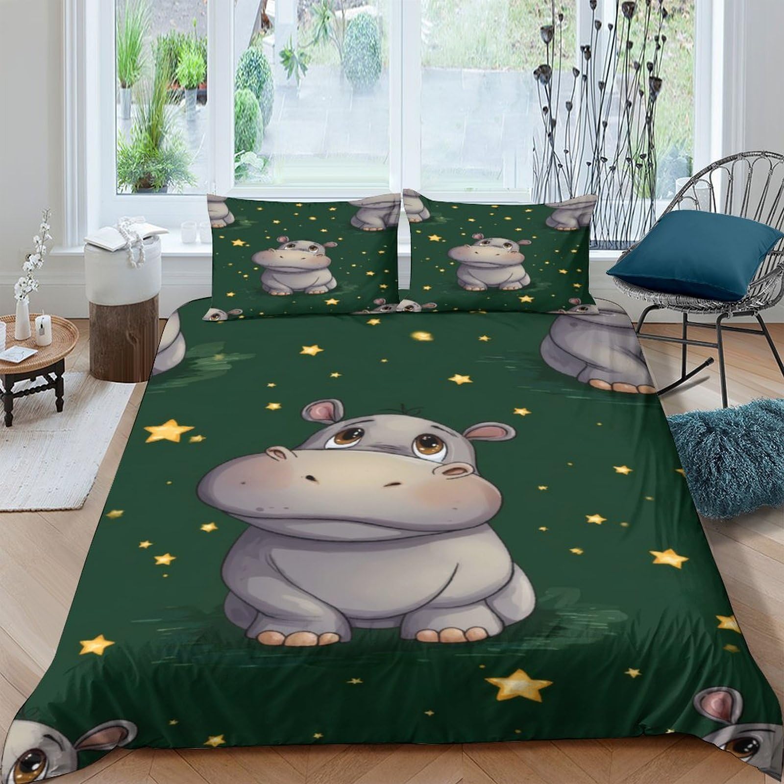 GPLZQXKJNH 3D Printed Cartoon Hippo Duvet Cover Microfiber Soft Breathable Star Pattern Bedding Set with 2 Pillowcases for Bedroom Decor Single（135x200cm）