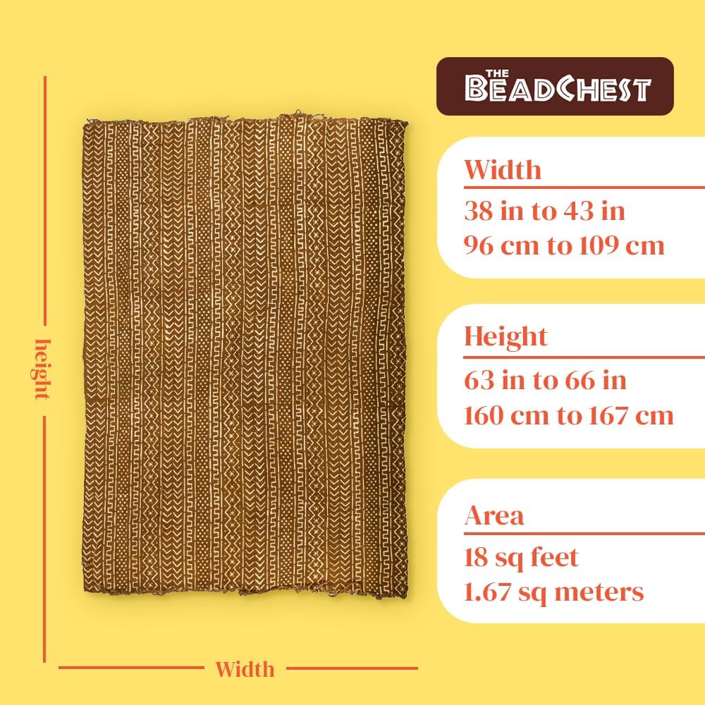 The Bead Chest Brown Bogolan Mali Mud Cloth - Handmade African Textile from West Africa - 40x64 Inches - Ideal for Home Decor, Boho Throw Blanket, Upholstery, or Crafts