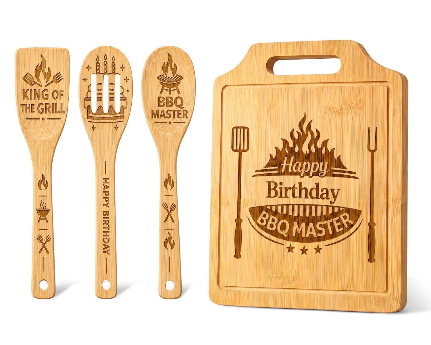 Birthday Gifts for Men - Creative Bamboo Chopping Board and Wooden Utensil Set, Unique Kitchen Presents for Dad, Husband, Brother, Uncle, Friend, BBQ Gifts for Men Birthday Present
