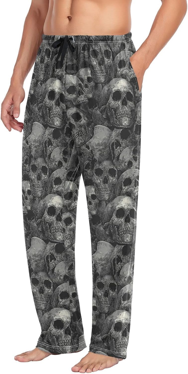 Pfrewn Mens Pajama Pants Black Monochrome Human Skulls Lounge Pants Straight-Fit Soft Pajama Bottoms with Pockets M - Image 5