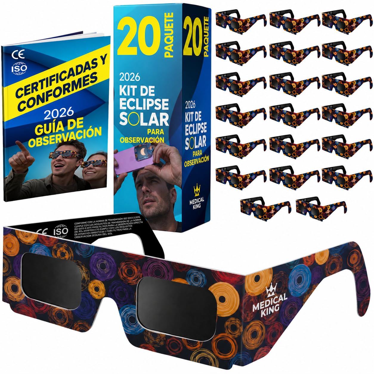 Medical king 20 Gafas Eclipse Solar Homologadas - Aprobados según la norma ISO, con certificación CE: Gafas para ver eclipses solar 2026