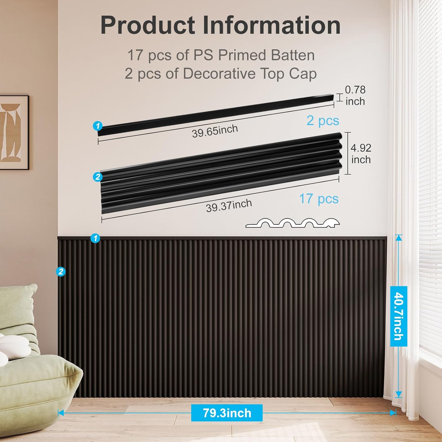 Art3d Wainscoting Panels, Beaded Polystyrene Wall Board for Interior Wall Décor, 79.3“ Wide X 40.7 high, Covers 22.38 sq.ft, Black