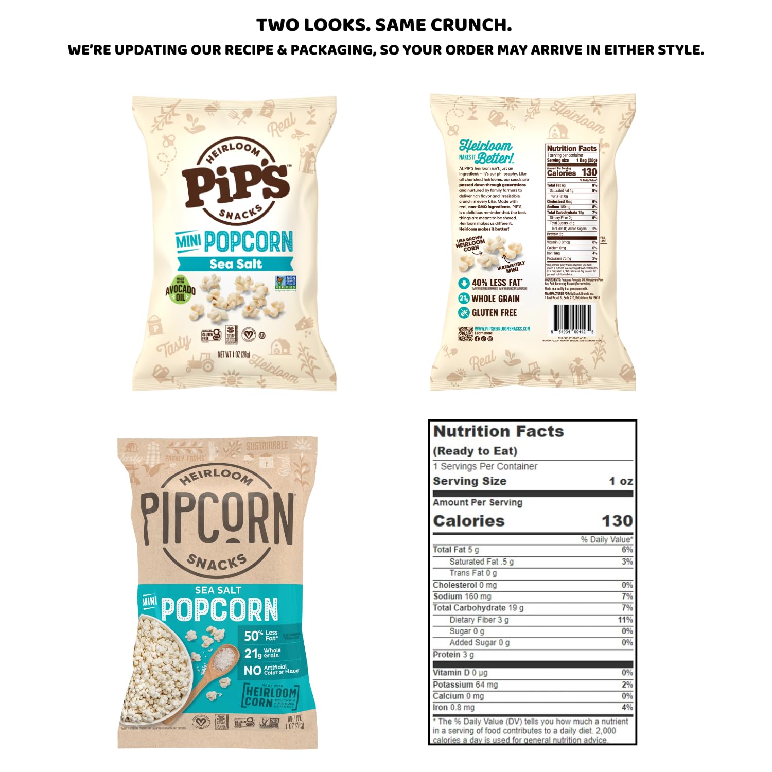Pip’s Heirloom Sea Salt Mini Popcorn – 1 oz Bags (24 pk) – Individually Wrapped Snack Packs Made With Heirloom Corn & Avocado Oil – Perfectly Salty, Seed Oil Free, Gluten Free, Non-GMO, Vegan
