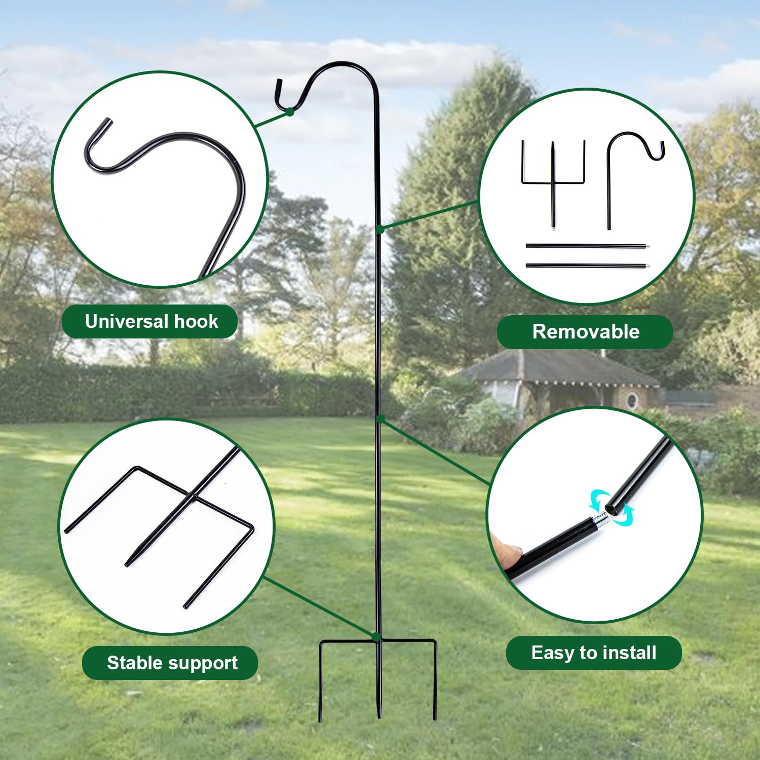 Gancio Pastore Giardino 81,5 cm Lanterne Regolabili in Altezza Shepherds Crook 2 Basi Nero