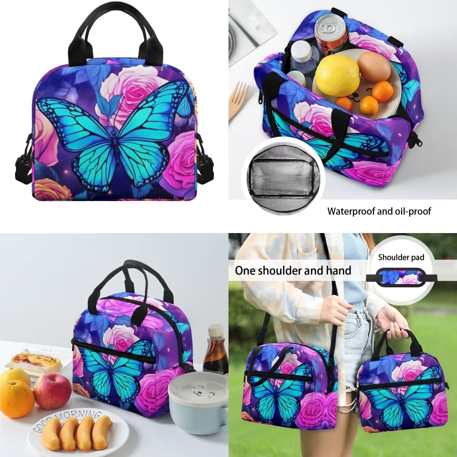ZCJB-WSRY Butterfly Insulated Lunch Bag - Reusable, Foldable, For School, Work, Picnics