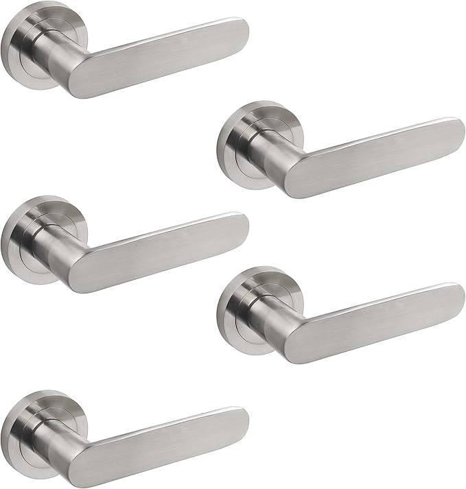 EMUCA - Manetas para puertas de interior, lote de 5 juegos de manillas para puerta de paso con roseta D.50 mm, Aluminio, Níquel satinado.