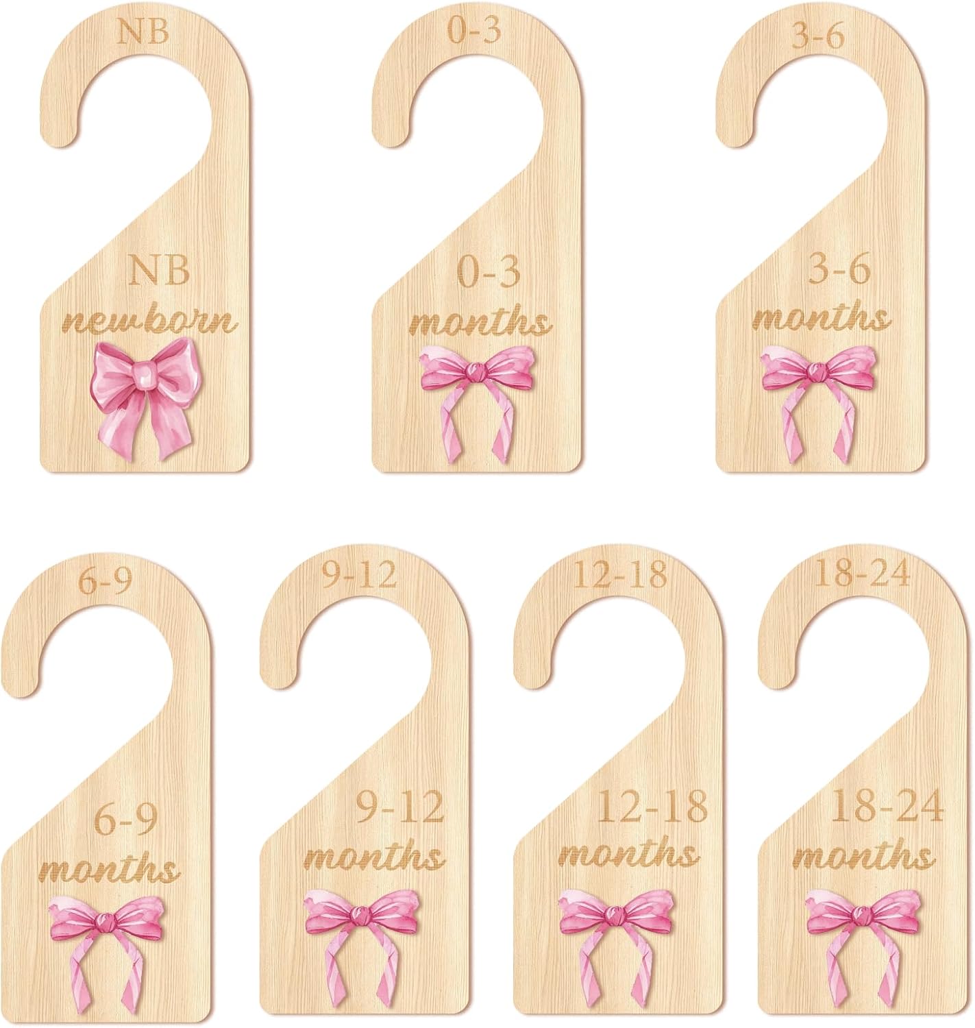 TheClover Closet Dividers Pink Bow Organizer - 7-Pack Wooden Hanging Size Separators for Wardrobe, Months Labels, Sweet Room Storage Accessories