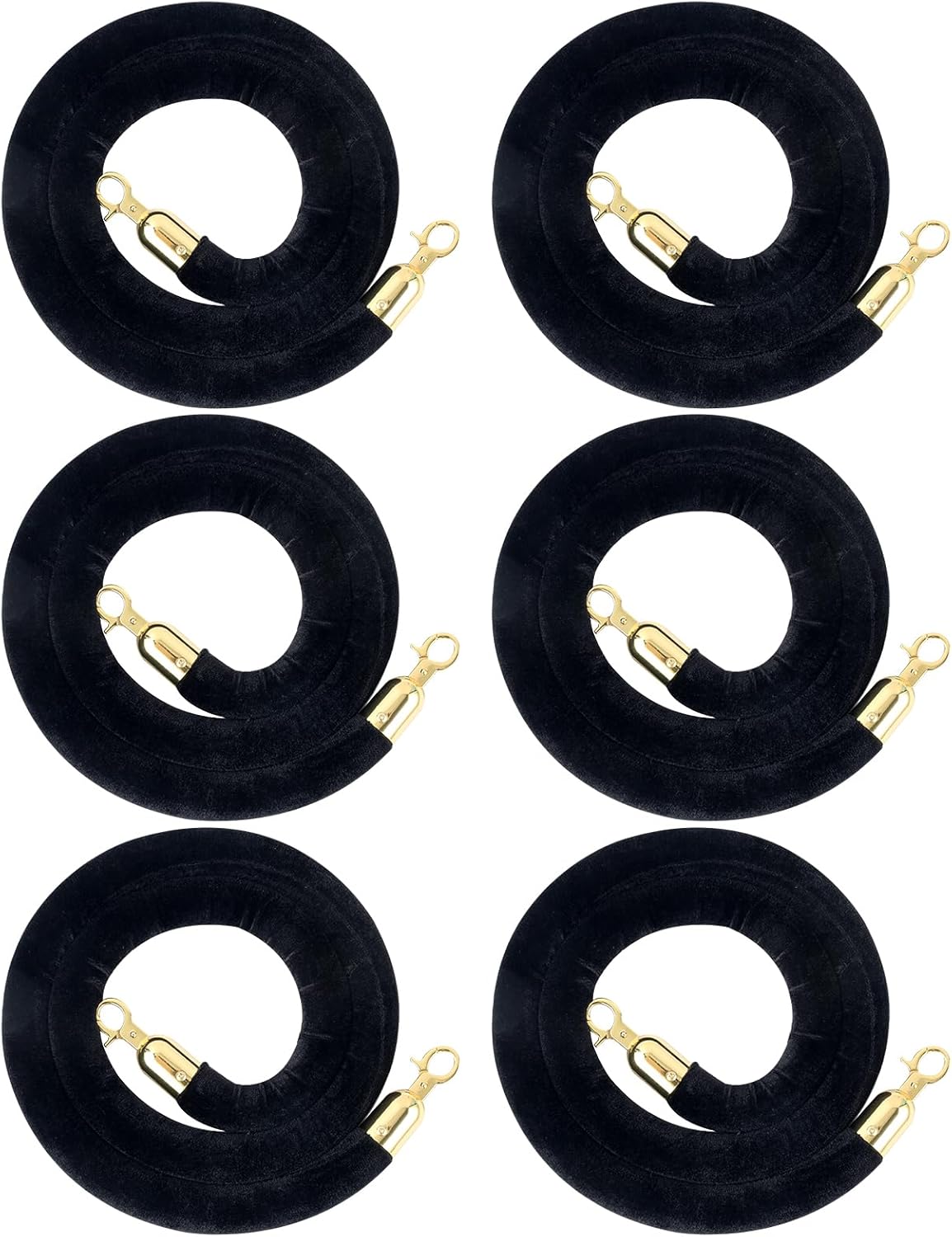 6 PCS Black Stanchion Velvet Rope, 5 Feet Crowd Control Stanchion Ropes with Gold Hook for Stanchion Post for Carpet Events Movie Theaters Grand Openings Hotels Party