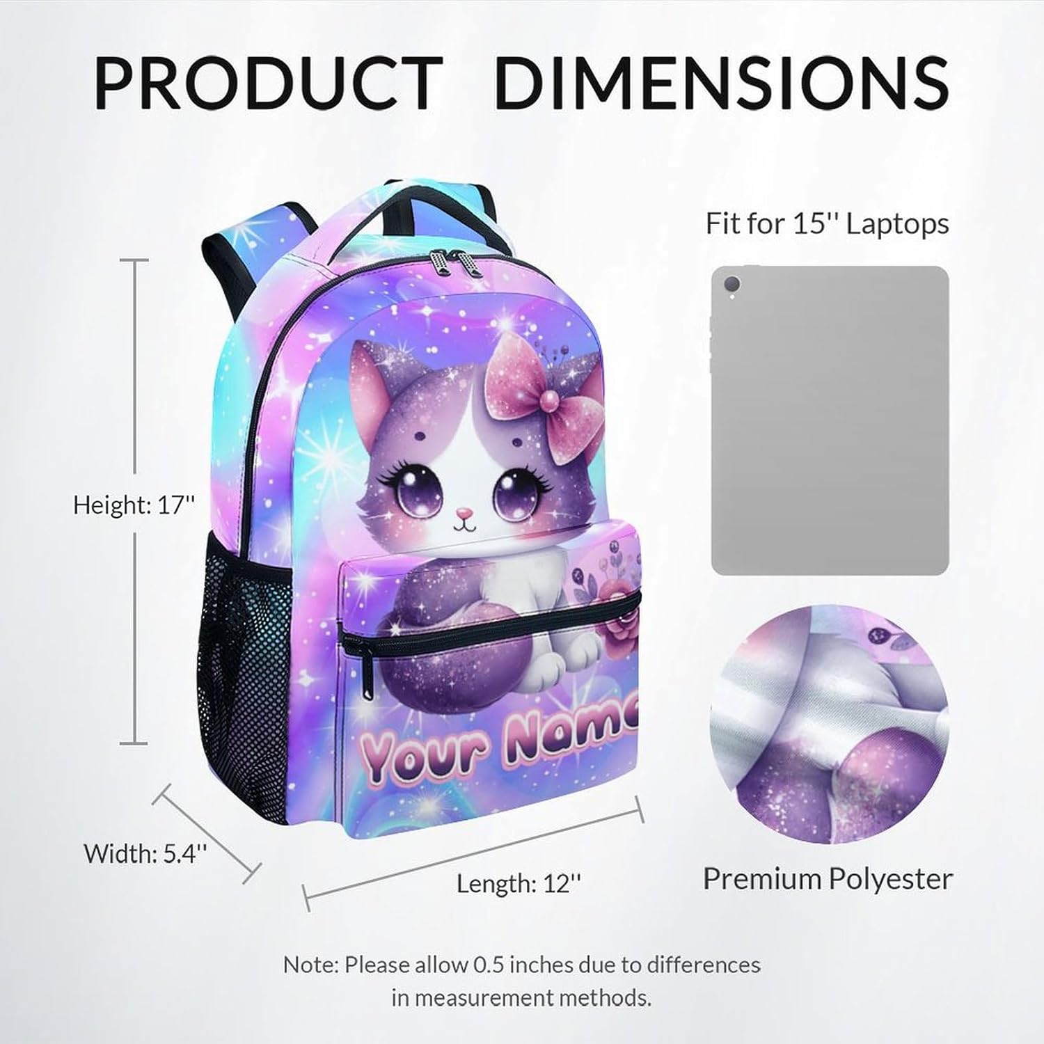 School Backpack, Cat Backpacks for Girls, Personalized Kids Bookbag, 17 Inch Custom Toddler Schoolbags for Kindergarten Primary