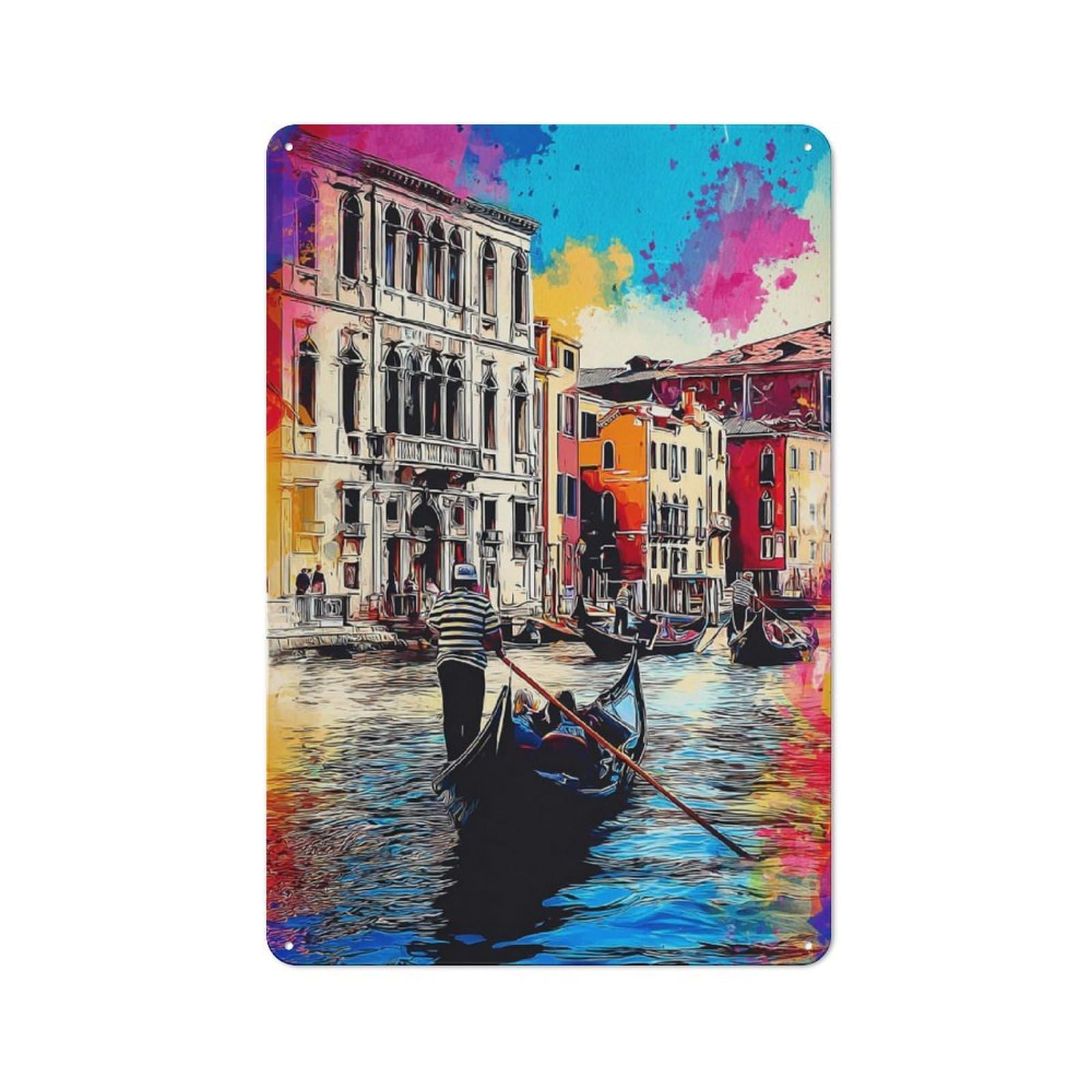 Junmoney Colorful Venice Canals With Gondolas -1 Vintage Metal Plaque 30X20cm For Café Or Restaurant, A Decorative Gift For A Newly Furnished Café And Restaurant