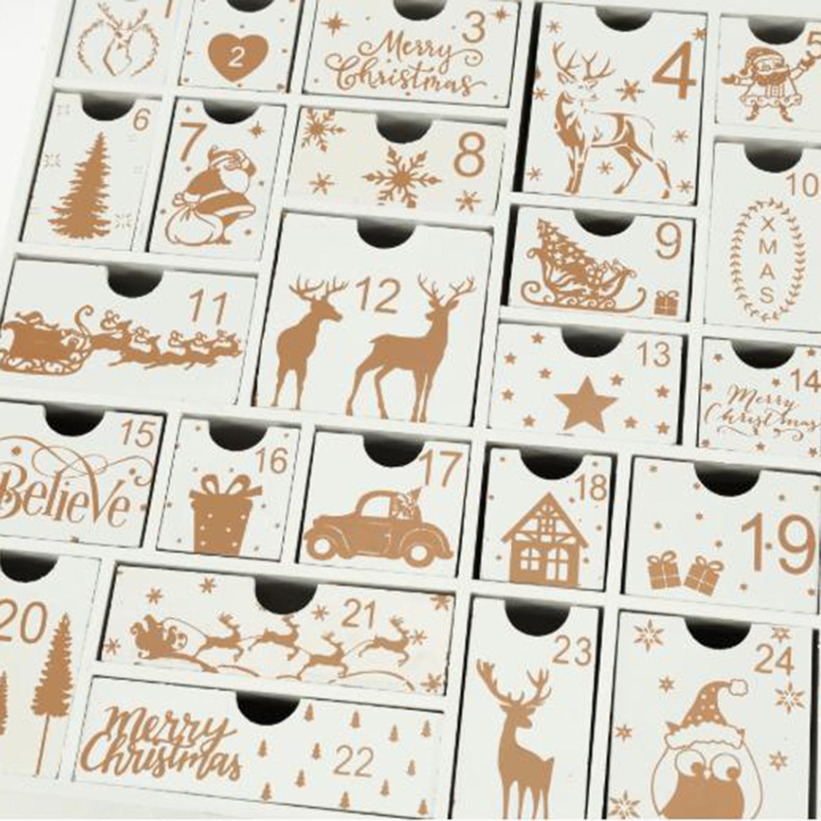 Adventskalender Holzbox 24 Aufbewahrungsschubladen Weihnachtsdekoration Geschenkbox Befüllbar Zählkalender für Kinder Erwachsene Wohnzimmer Büro Festl, Weiß