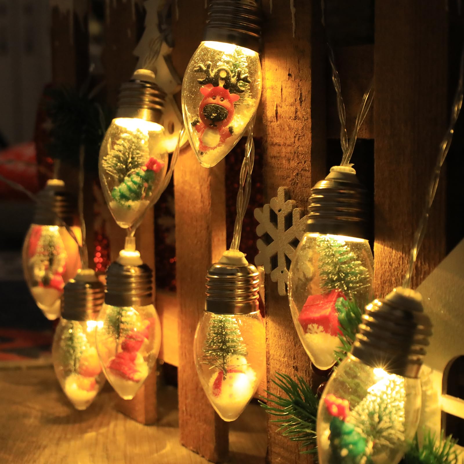 Luci natalizie vintage a batteria, 2 pezzi, 2 pezzi, globo di neve con timer, 10 lampadine a LED con albero e graziosi ornamenti per interni, camera da letto, albero, caminetto, giardino, feste