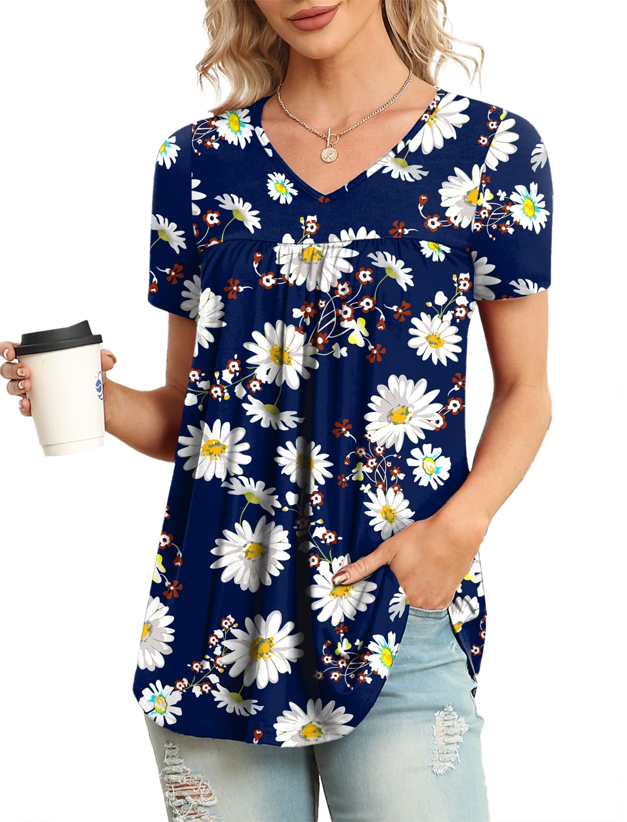 LAOLASI Womens Summer Tunic Tops 2025 V Neck Short Sleeve Shirt Casual Tee Flowy Blouse S-3XL