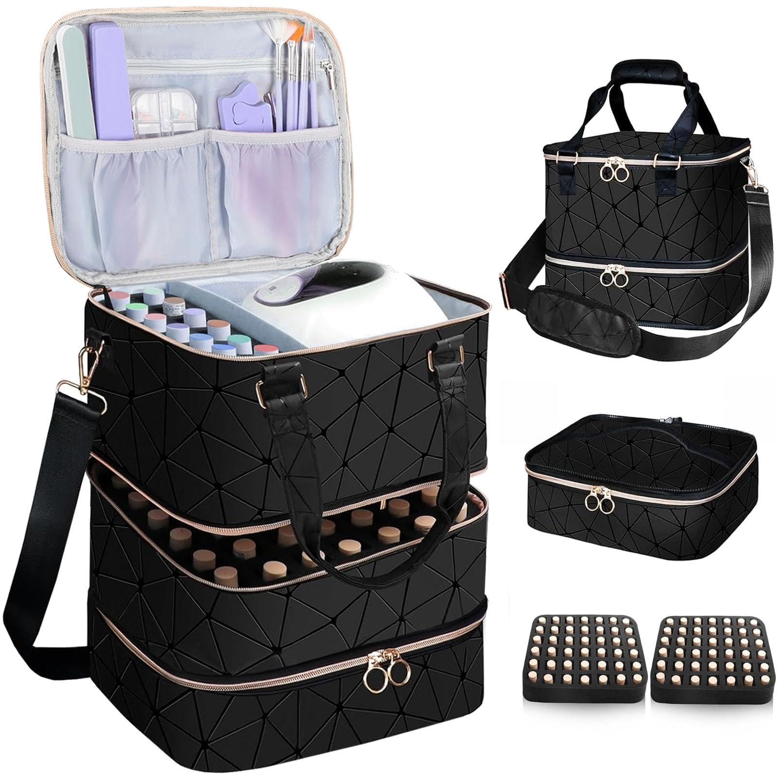 Organizer professionale per smalti, contiene 84 flaconi (15 ml), strumenti per manicure e lampada UV, borsa a tracolla rimovibile a 3 strati in pelle PU per unghie, grande borsa a tracolla (nero)