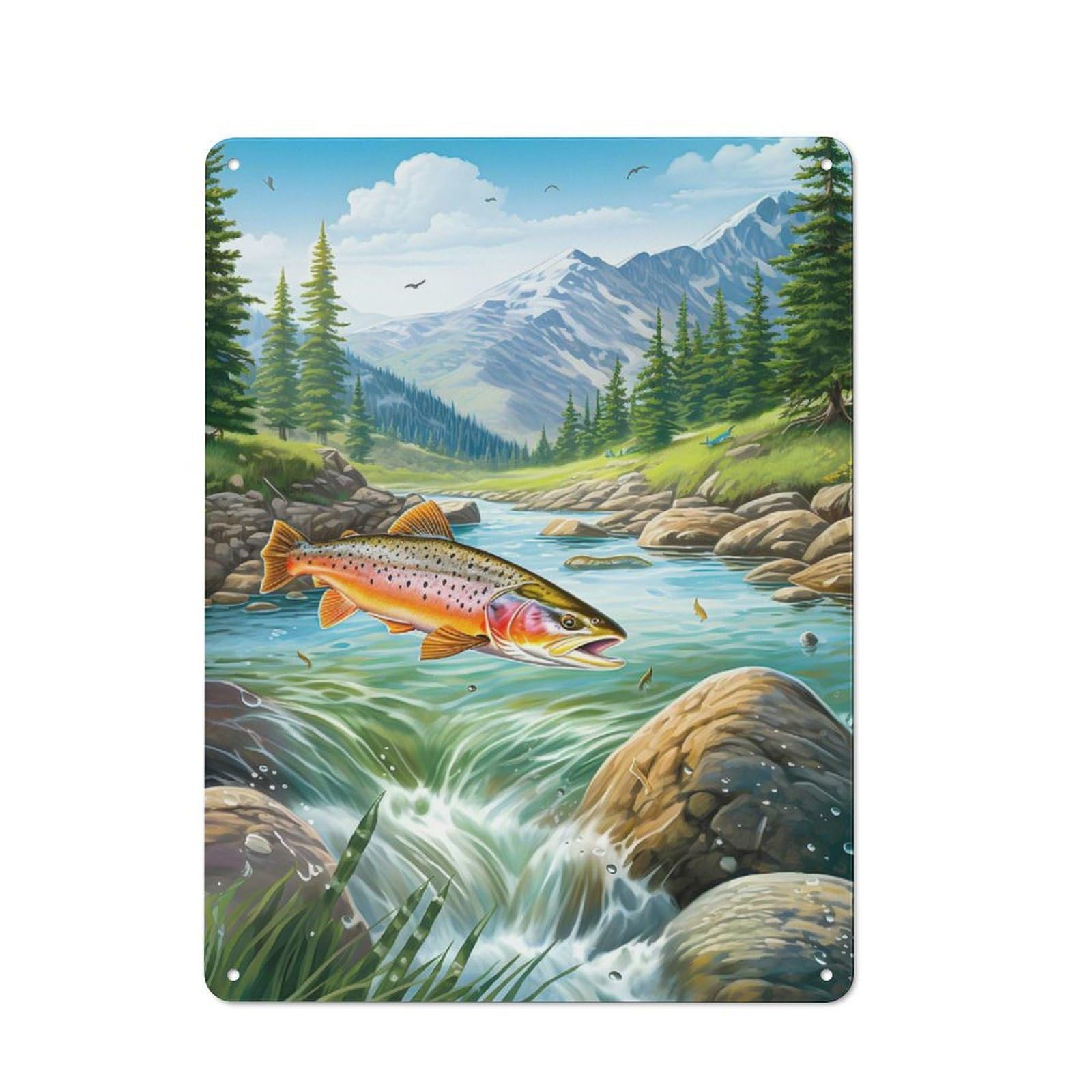 Junmoney Trout Fish Fisherman Retro Metal Sign 40X30cm, Old Fashioned Retro Room Decor For Living Room, Hallway, Kitchen Or Cafe