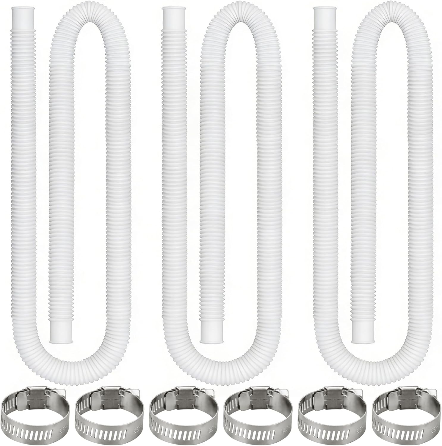 3 Pack Pool Hoses for Above Ground Pools 1.25 x 59 Inch Swimming Pool Pump Replacement Hose White Pools Filter Pump Hoses with Metal Clamps Compatible with Intex Filter Pumps 607, 603, 637, 1000 GPH