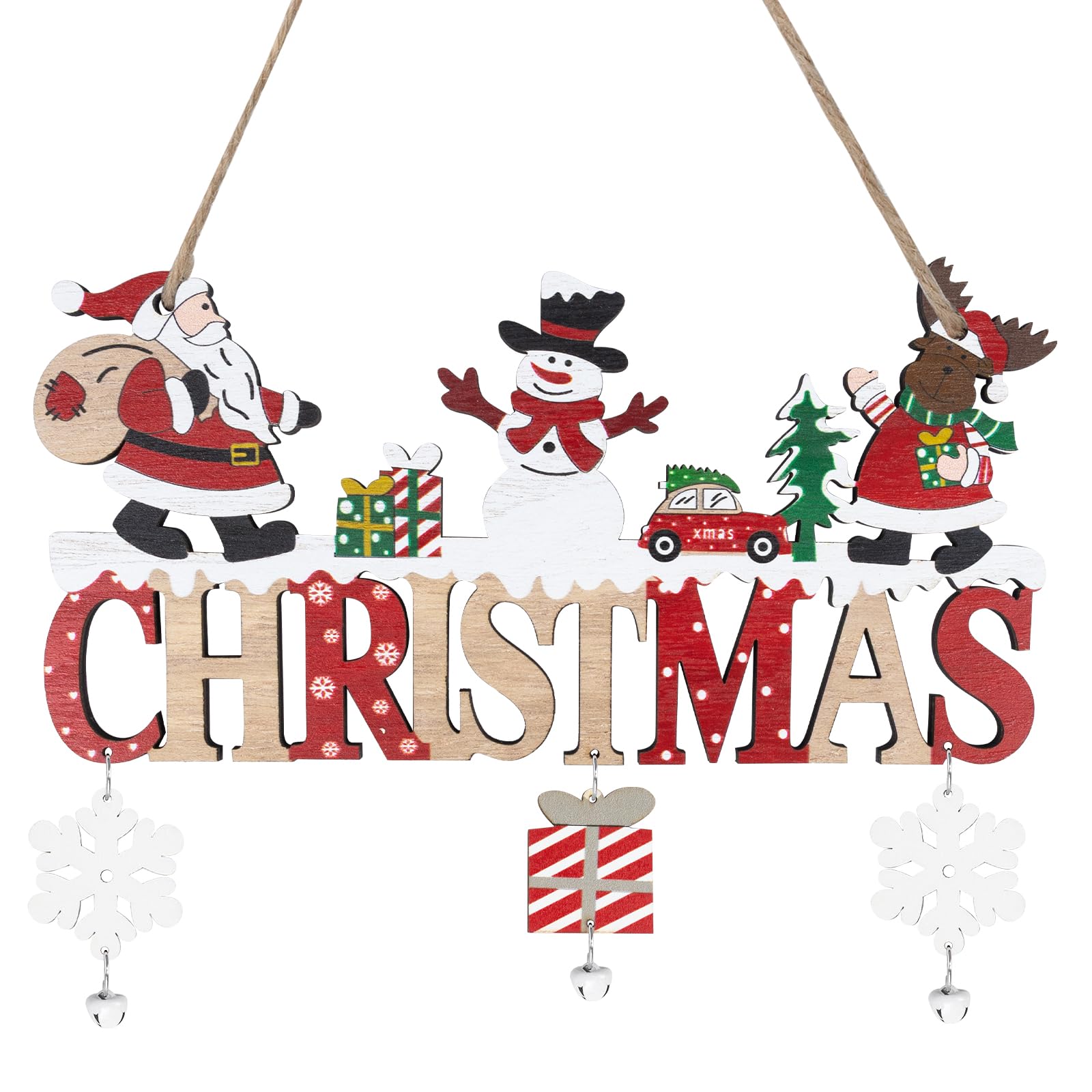 Wooden Christmas Decorations, Merry Christmas Hanging Sign with Bells Xmas Ornaments Indoor Outdoor Decor F6-SDZMGJ (1)