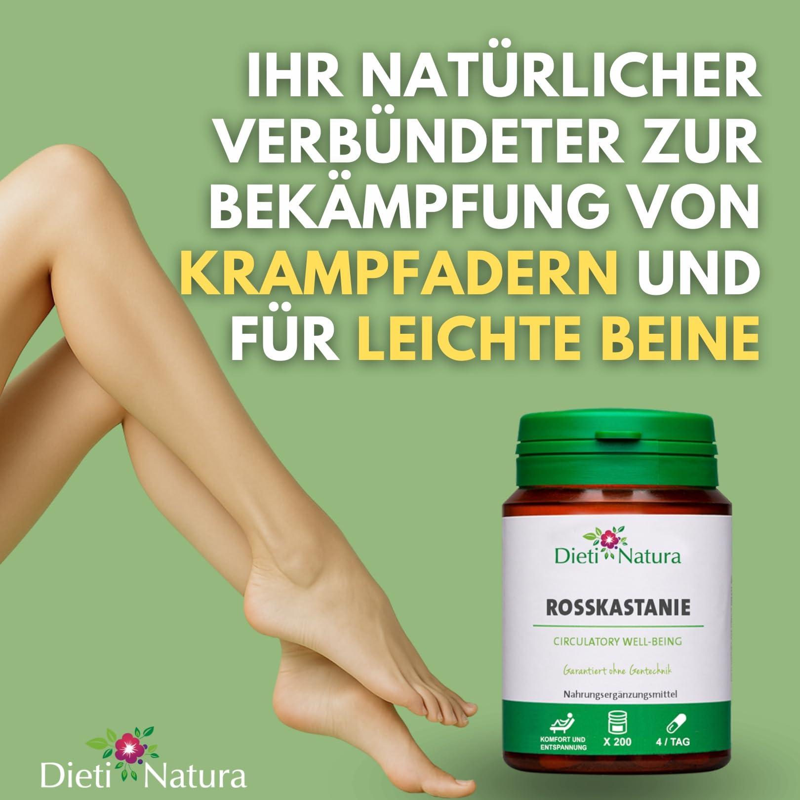 Dieti Natura Rosskastanie, natürliche Linderung für müde und schwere Beine, verbessert die Durchblutung und venöse Gesundheit, Ergänzung für Krampfadern, Schwellungen und Flüssigkeitsretention, 3