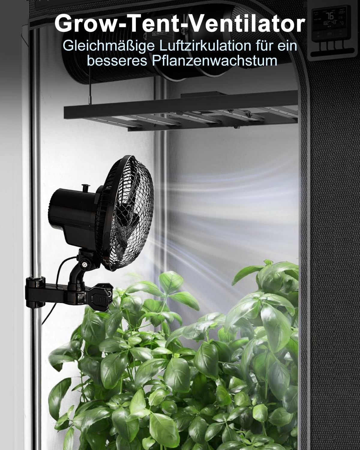 [Verbesserte] Oszillierend Grow Ventilator mit Clip, 2 Geschwindigkeitsstufen Klein Klemmventilator Leiser Betrieb 20W, Verstellbare Neigung, Umluft Pflanzen Ventilatoren für Growzelt Growbox, Ø 20cm