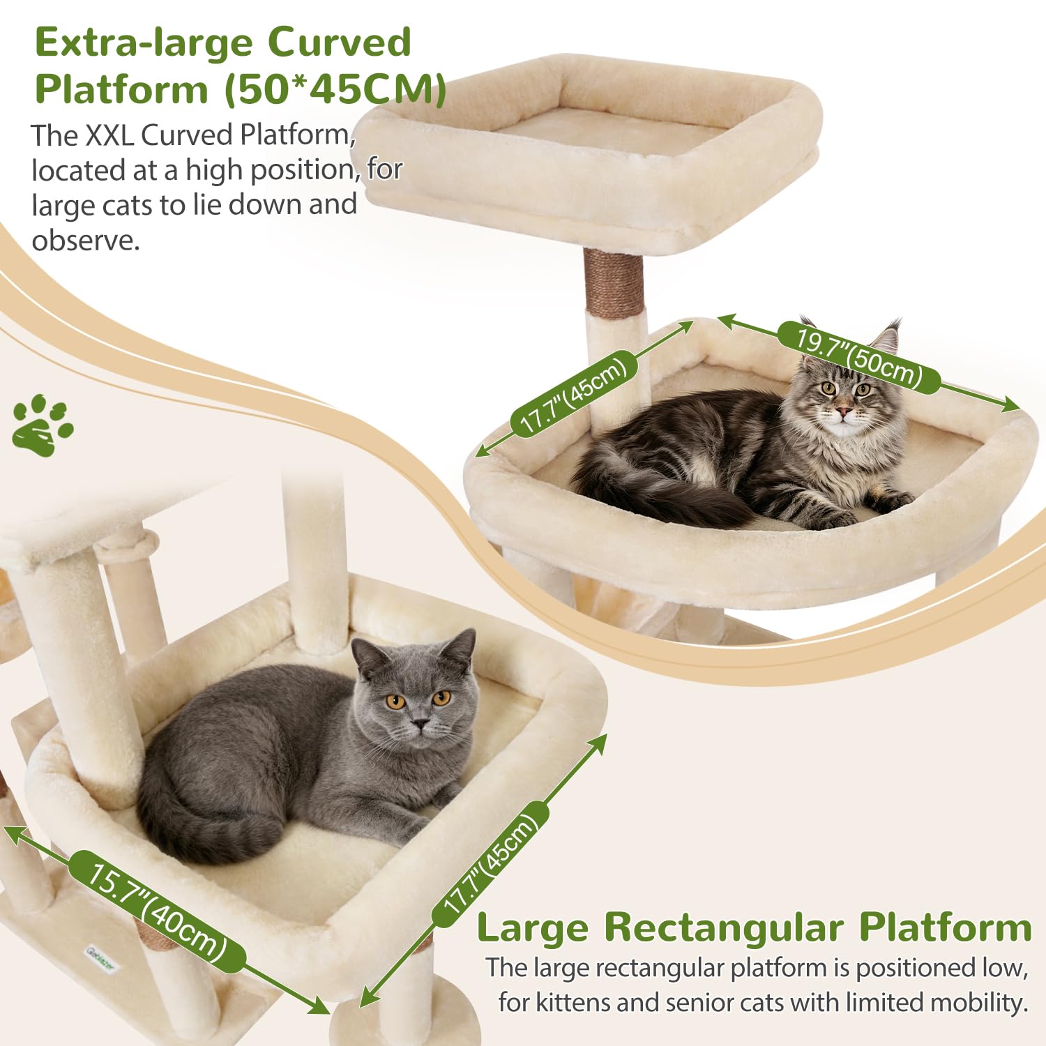 Globlazer Rascador beige XXL para gatos grandes, 192 cm, con 2 cuevas extragrandes, 50 x 30 x 30 cm, plataformas espaciosas, tronco de sisal, rascador estable con soportes para 3 – 5 gatos adultos
