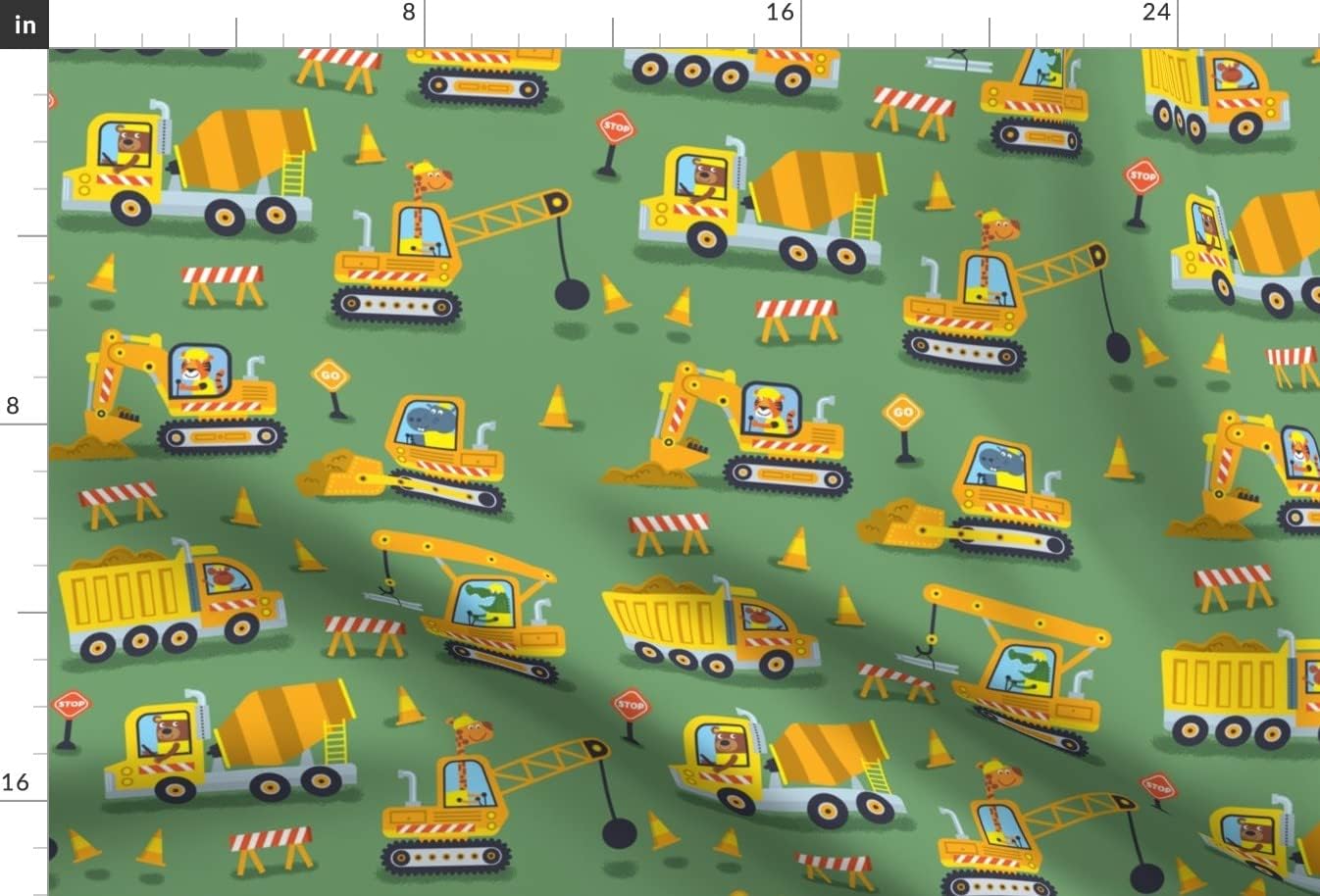 Spoonflower Fabric - Construction Trucks Green Animals Children Printed on Minky Fabric by The Yard - Sewing Baby Blankets Quilt Backing Plush