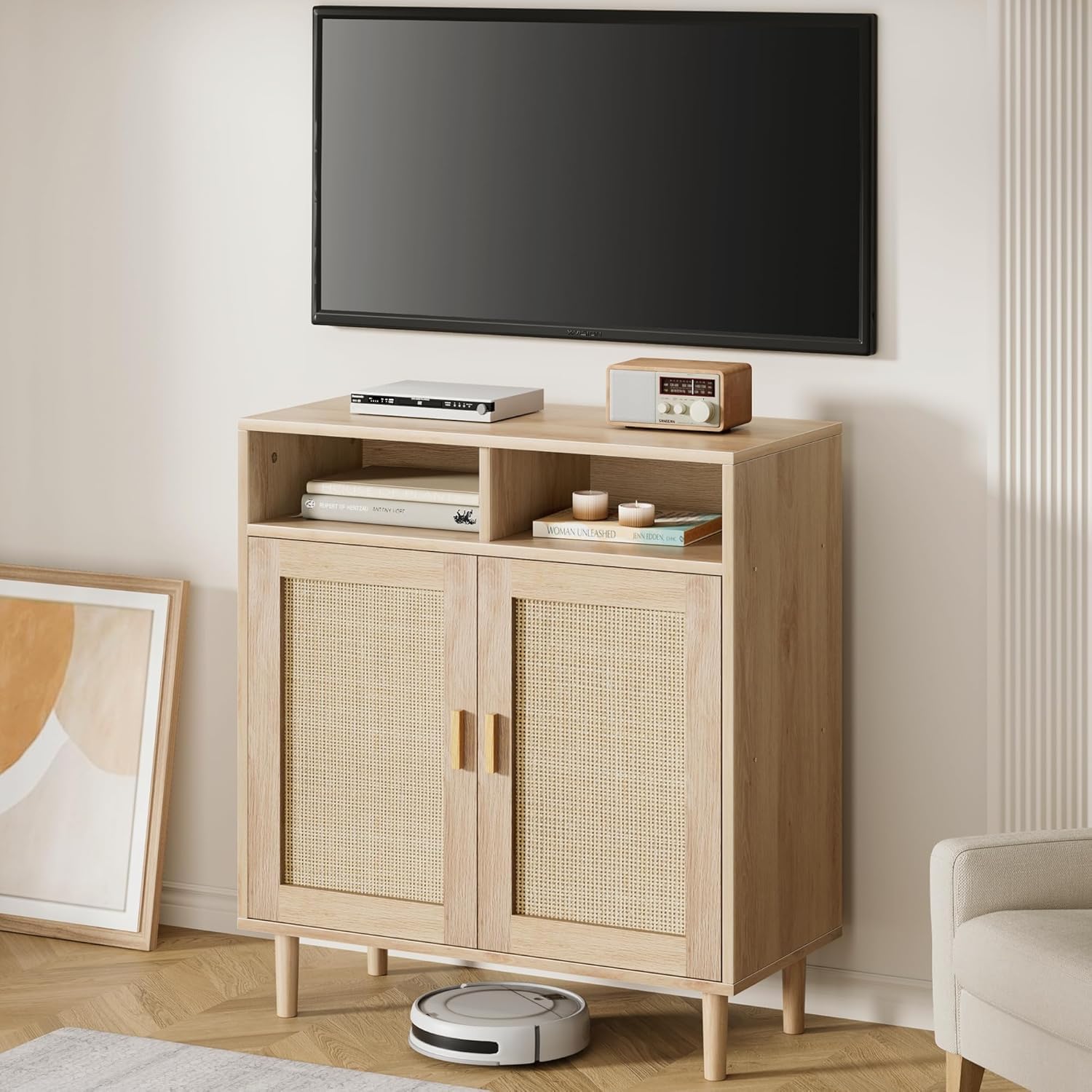 Litake Sideboard Rattan, 80x 92x 40 cm Anrichte mit 2 Offenem Fach & 2 Rattan Türen, Kommode Holz Buffetschrank Aufbewahrungsschrank Konsolentisch Kaffeebarschrank TV-Ständer,Natur