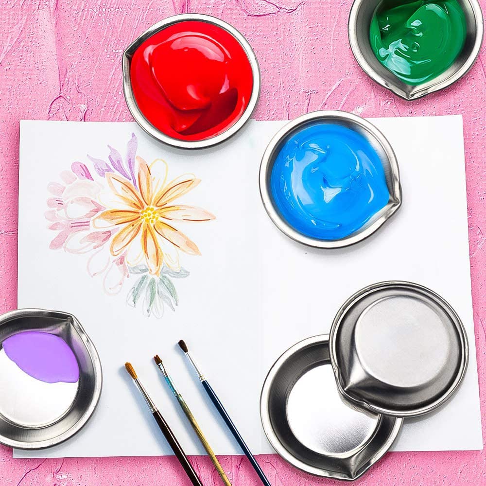 20 Palette In Acciaio Inox Per Miscelazione Colori + 5 Contagocce 2ml - Vassoio Rotondo Per Pittura E Trucco 5 Cm