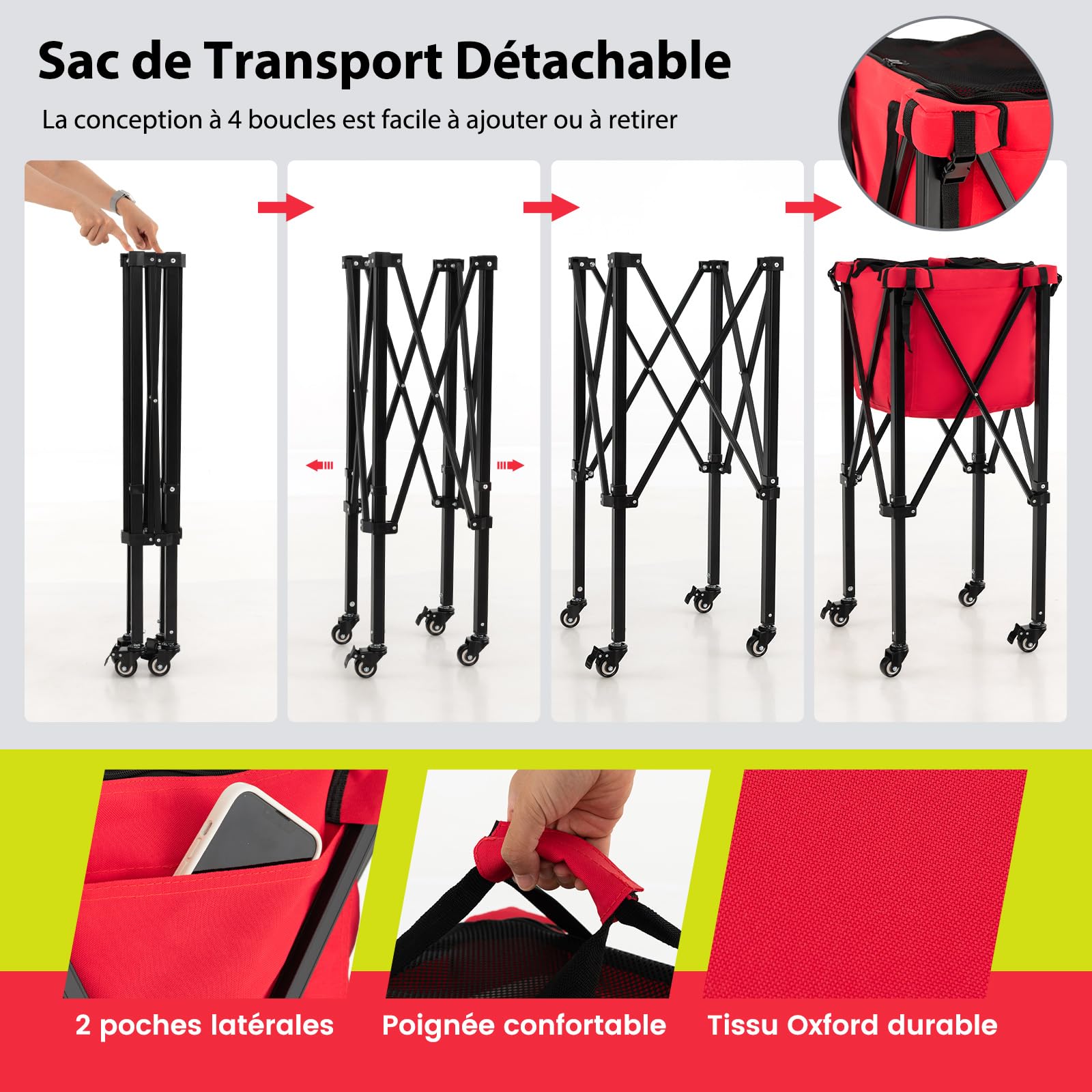 GYMAX Chariot Pliable pour Stockage de Balle de Tennis, avec Sac Amovible, Robuste en Aluminium, Panier pour Rangement d'Équipement Sportif, Capacité de 150 Balles