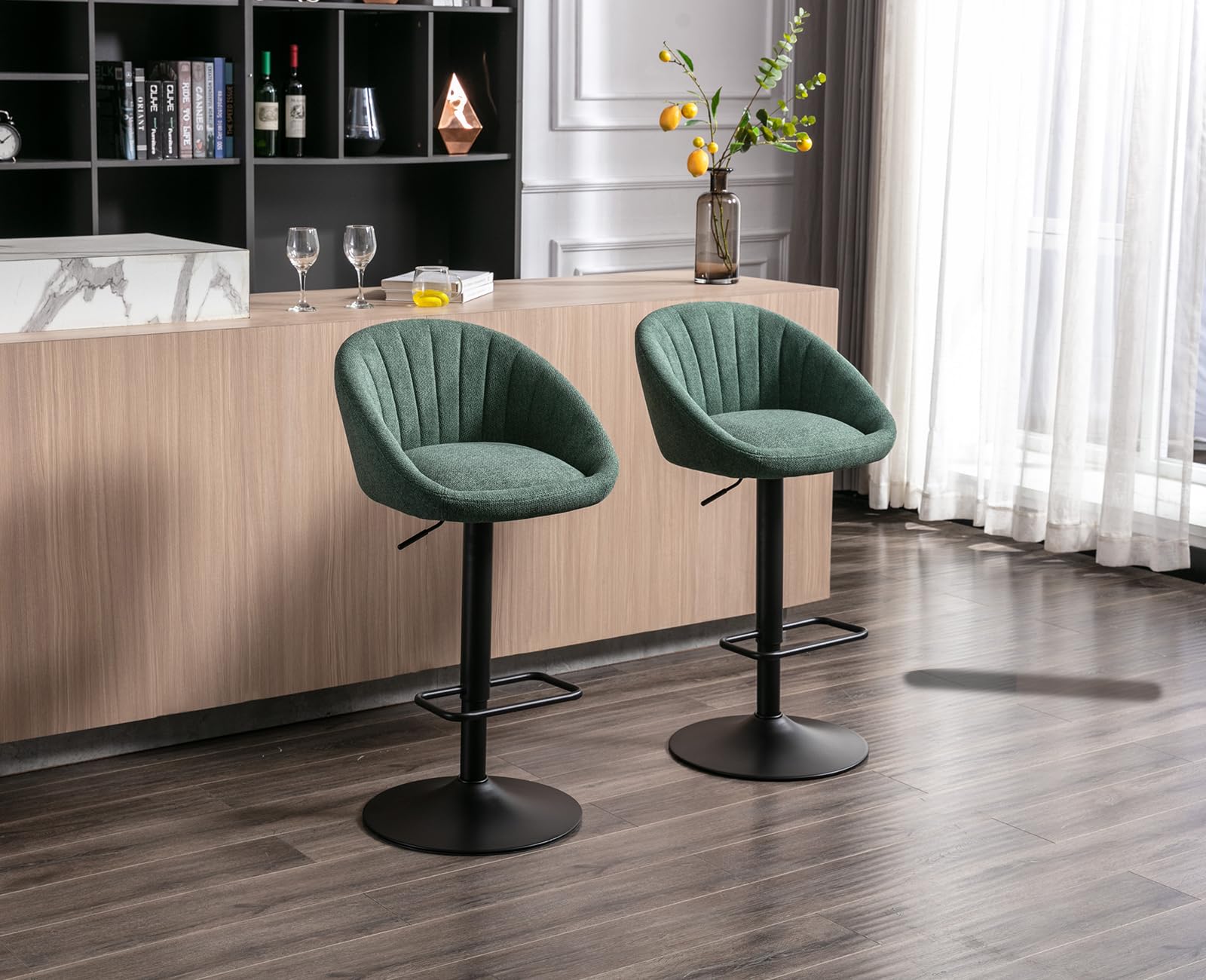 Ya-Home Set di 2 Sgabelli da Bar Sgabelli alti Cucina in Tessuto di Lino Sgabello Bar con Schienale Sedie da Bar Regolabile e Girevole per Cucina Penisola, Verde