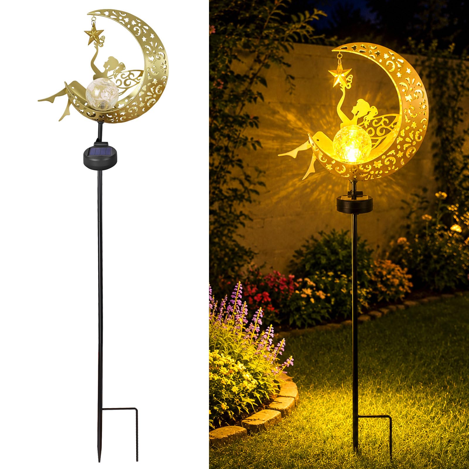Adiwo Outdoor Garden Moon Fairy Light, Solar Lights Garden Decorations, LED Moon Fairy Solar Crackle Glass Globe Light, Waterproof Metal Stake Garden Ornaments for Pathway Lawn, Gifts for Women, Mum