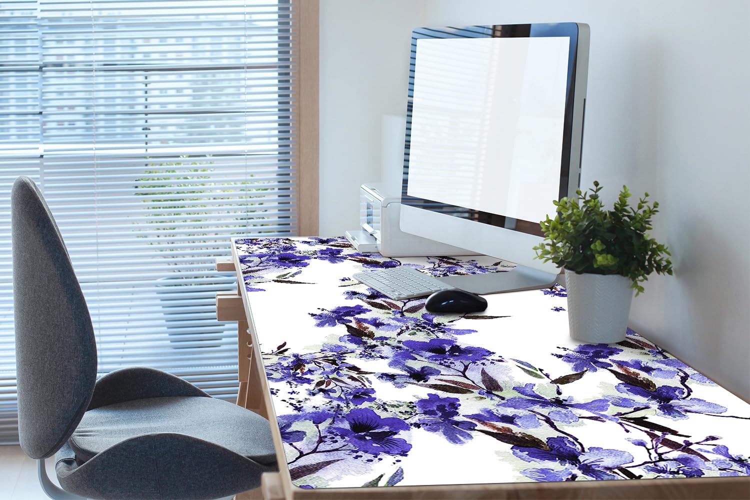 Sottomano da Scrivania 120x60 cm Facile da Pulire Antiscivolo Impermeabile per Ufficio e Casa in Vinile PVC Protezione e Decorazione Superficie Protettiva - Fiori blu