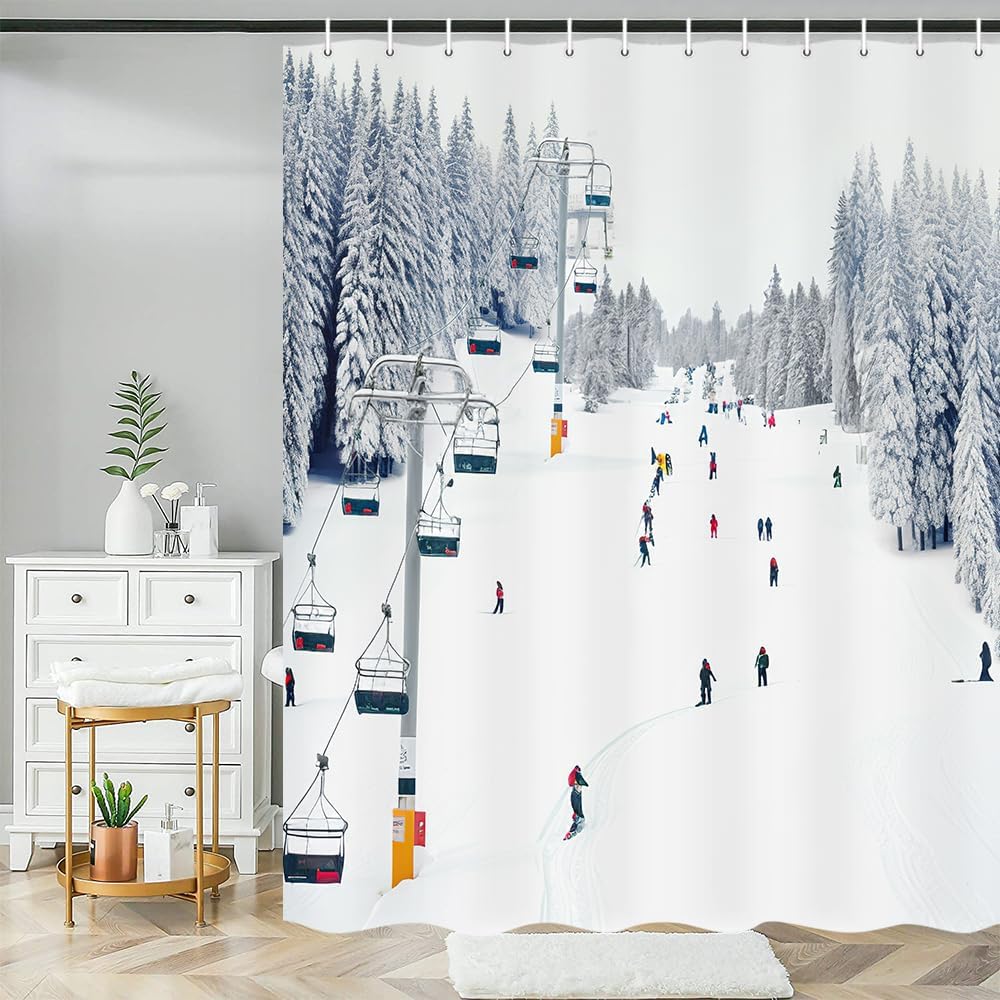 NYMB Sport Shower Curtain, Winter Holiday Travel Snow Mountain Skiing Cable Car, Polyester Fabric Snow Bath Curtain, Christmas Bathroom Shower Curtain Set with Hooks, 69X84in