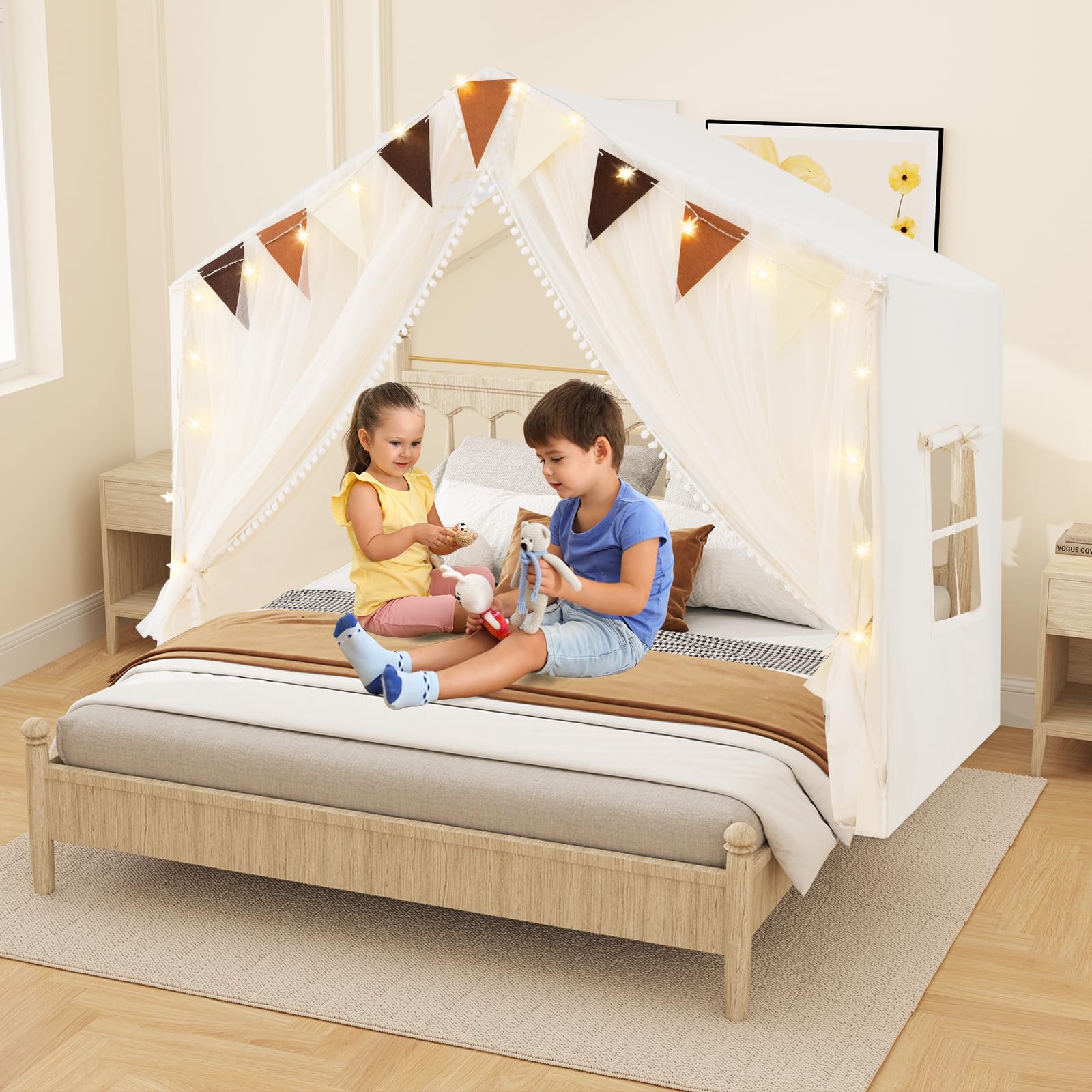HOMASIS Kinderzelt Indoor, Spielhaus mit Matte & Lichtern & Vorhang & Flaggen, Spielzelt aus Baumwolle, Prinzessin Zelt für Mädchen & Jungen ab 3 Jahren, Kinderspielhaus für Kinderzimmer (Beige)