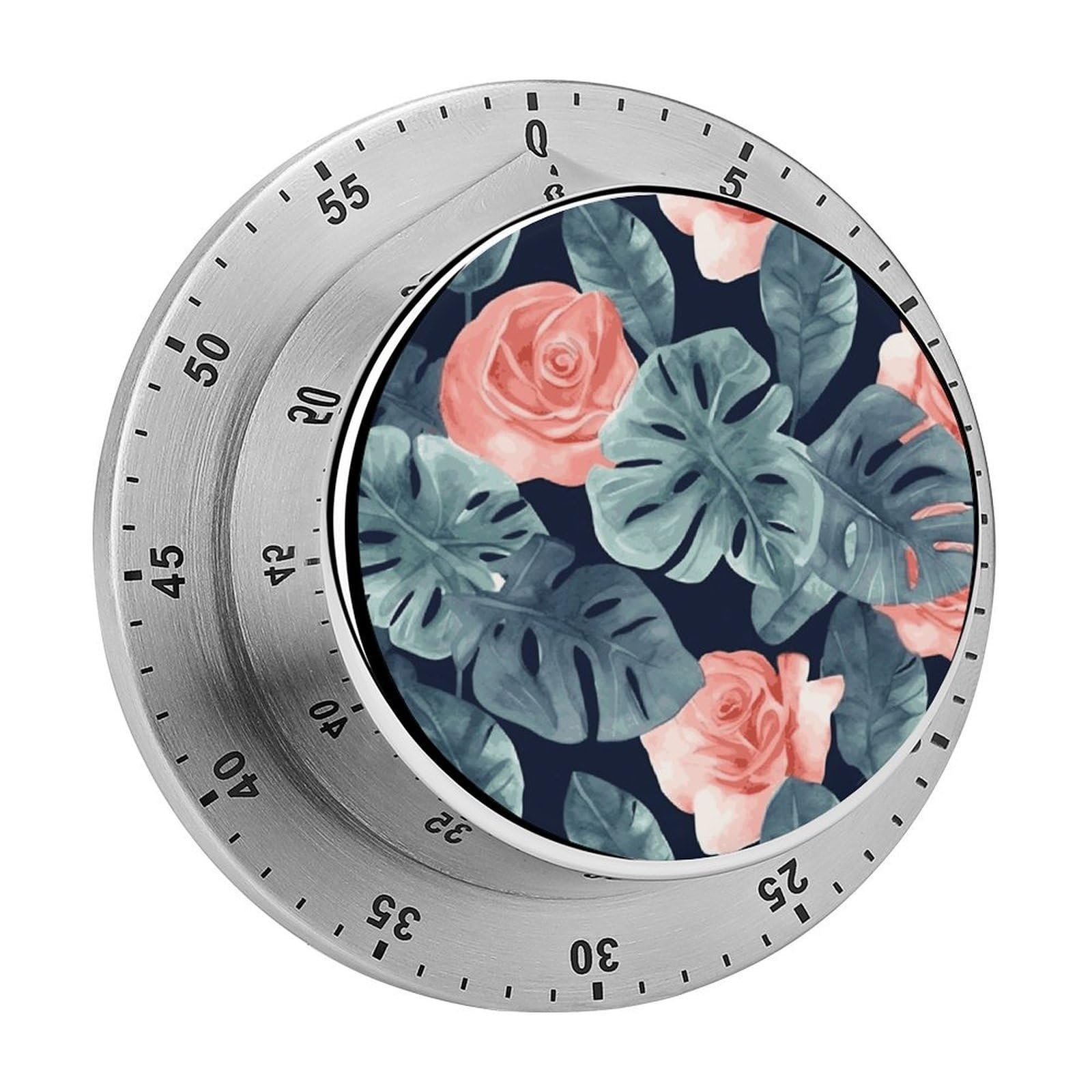 Watercolor Monstera Pattern Visual Timer with Loud Alarm 60-Minute Kitchen Timers Exquisite Stainless Steel Body - Mechanical Desk Timer Countdown Clock for Cooking Chef Clock