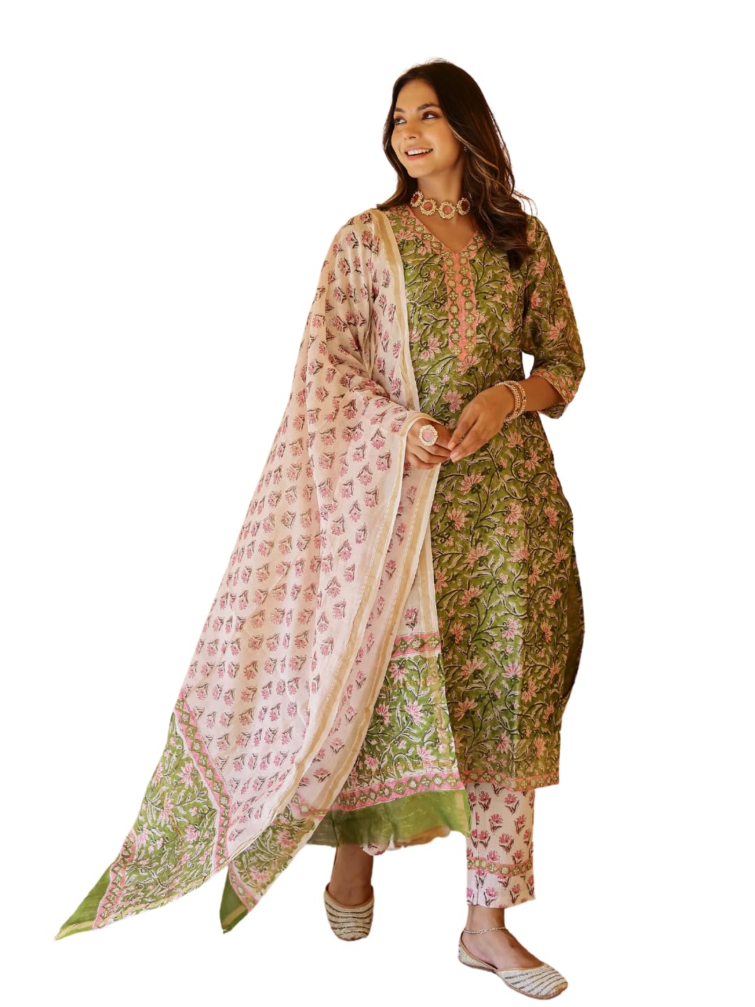 Nainvish Women's Viscose Rayon Printed Straight V-Neck Kurta Pant With Dupatta (Sd700_Kbd-Xxl_Green)