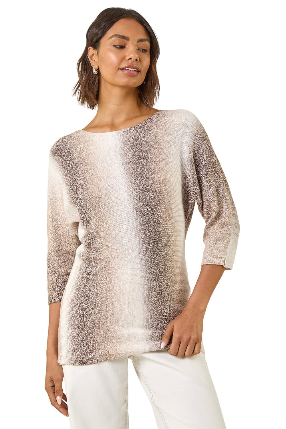 Roman Originals Women's Beige Ombre Stripe Knit Jumper For Uk - Everyday Autumn Winter Scooped Neckline Comfy Soft Evening Vacation Work Party Night Out - Size 14